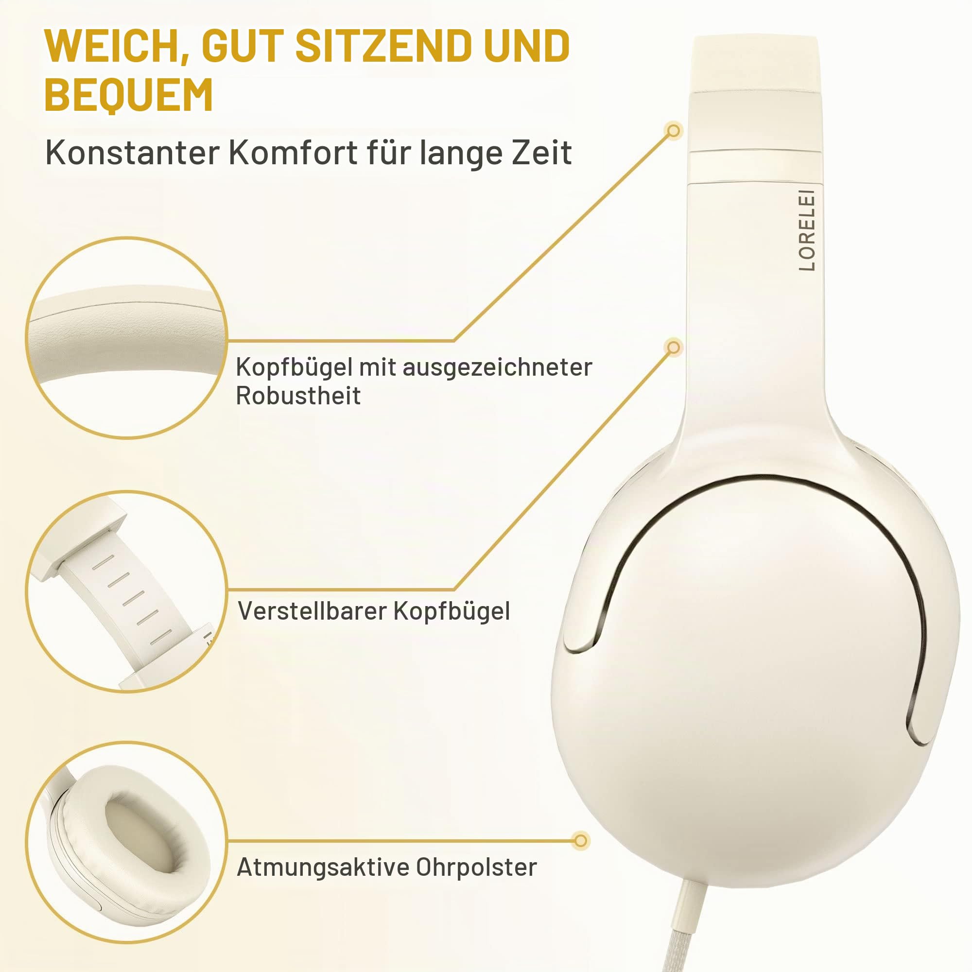 LORELEI E5 Kabelgebundene Kinder-Kopfhörer mit Faltbarer & 3,5mm Klinkenbuchse Verwicklungsfreie Nylondraht-Stereo-On-Ear-Headsets für Schule/Tablet/Ipad/Kiddle (Beigeweiß)