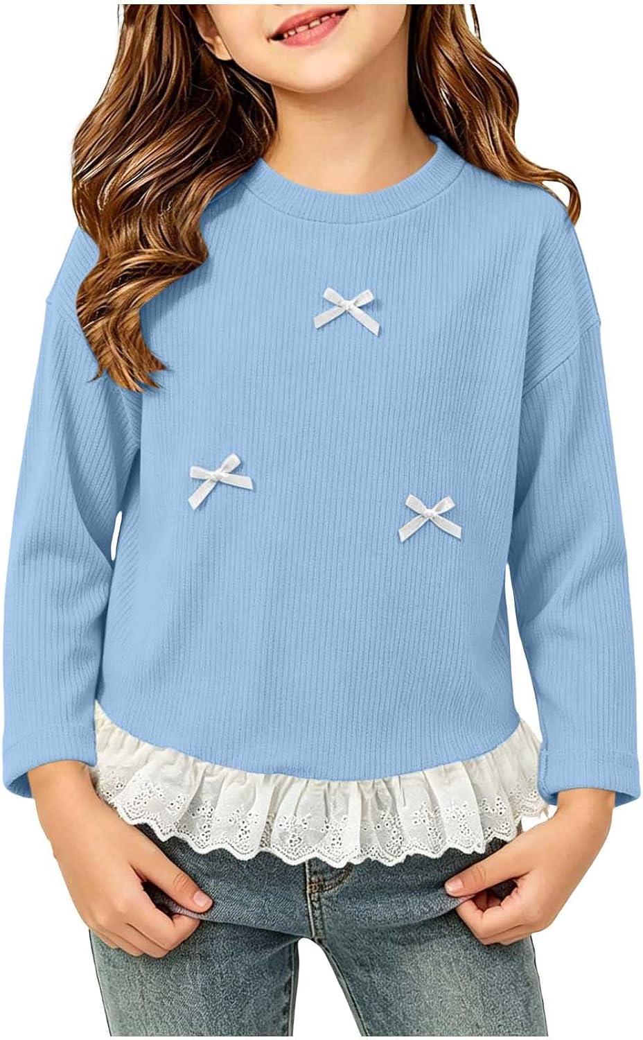 Girls Lace Hem Bow Decor Ribbed Long Sleeve Casual Tops