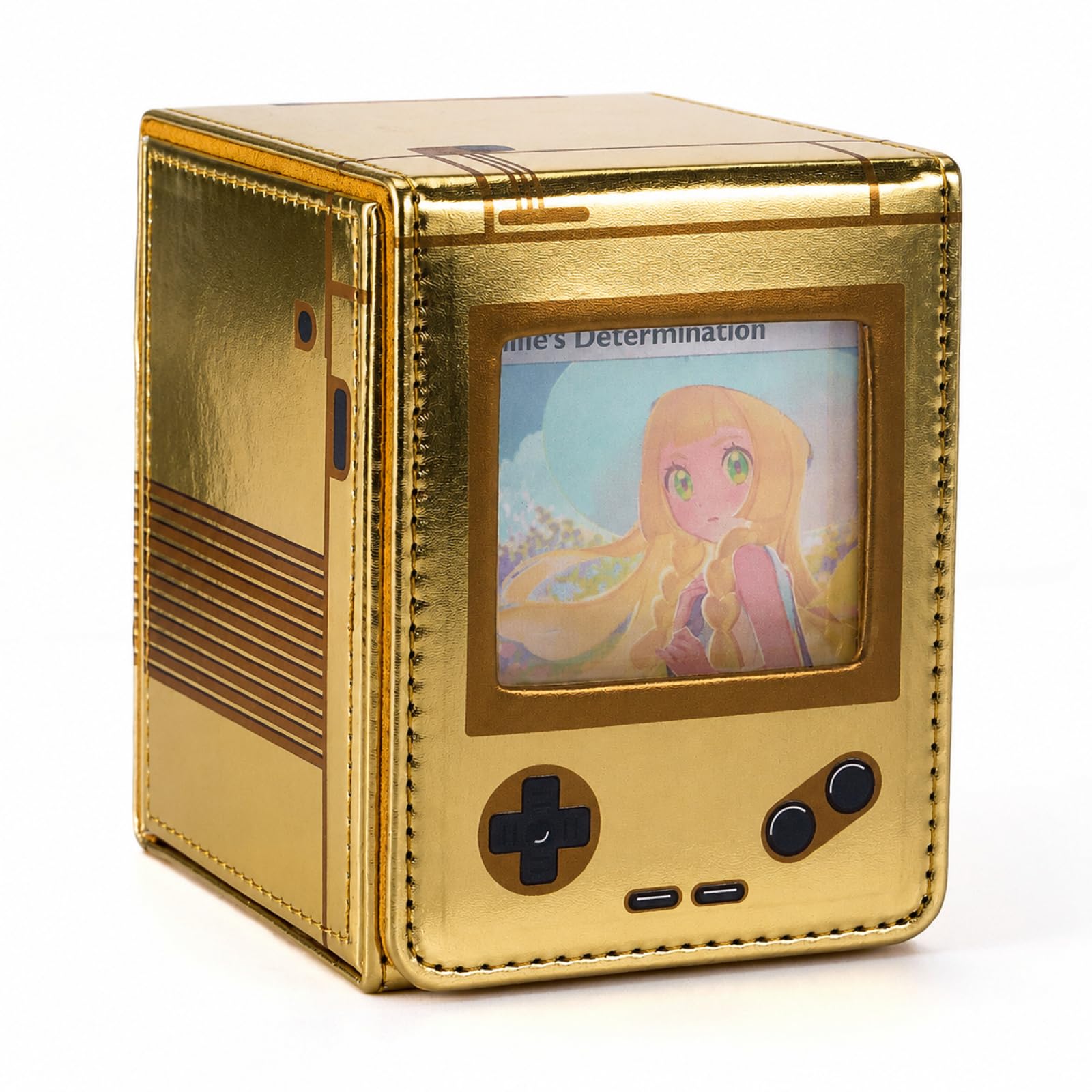 Retro Gaming Console Appearance MTG Deck Box with Commander Display, Card Deck Case Fit 120 Single Sleeved Cards, PU Leather Magnetic Card Storage Box with 2 Dividers, Compatible with TCG/PTCG (Gold)