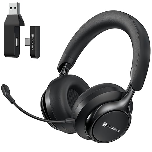 Portronics Muffs M7 Over Ear Headphone with USB-A & Type C 2.4Ghz Receiver, Detachable Boom Mic, Upto 50 Hours Playtime, Deep Bass, Bluetooth V5.4, 40mm Dynamics Driver, Type C Fast Charging(Black)