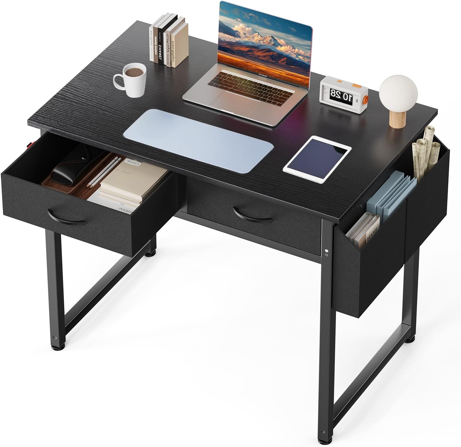 DUMOS 32" Home Office Computer Desk with Drawers, Small Gaming Writing Study Table with Storage Side Bag, Headphone Hook and Adjustable Feet for Bedroom Black