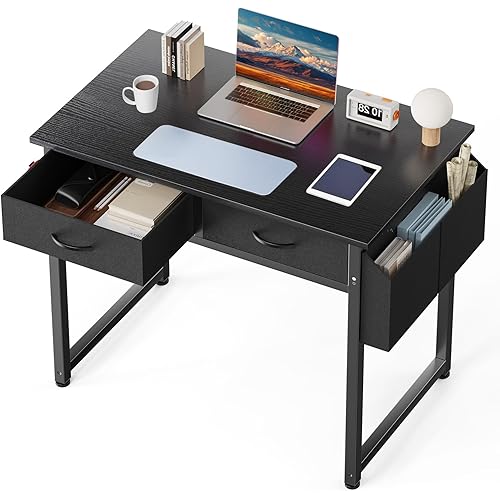 DUMOS 32" Home Office Computer Desk with Drawers, Small Gaming Writing Study Table with Storage Side Bag, Headphone Hook and Adjustable Feet for Bedroom Black