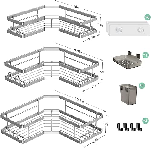 Miniatura 6 de Organizador de baño esquinero para ducha estantes adhesivos para bañera - Paquete de 3 estantes de ducha sin perforación para ducha interior -