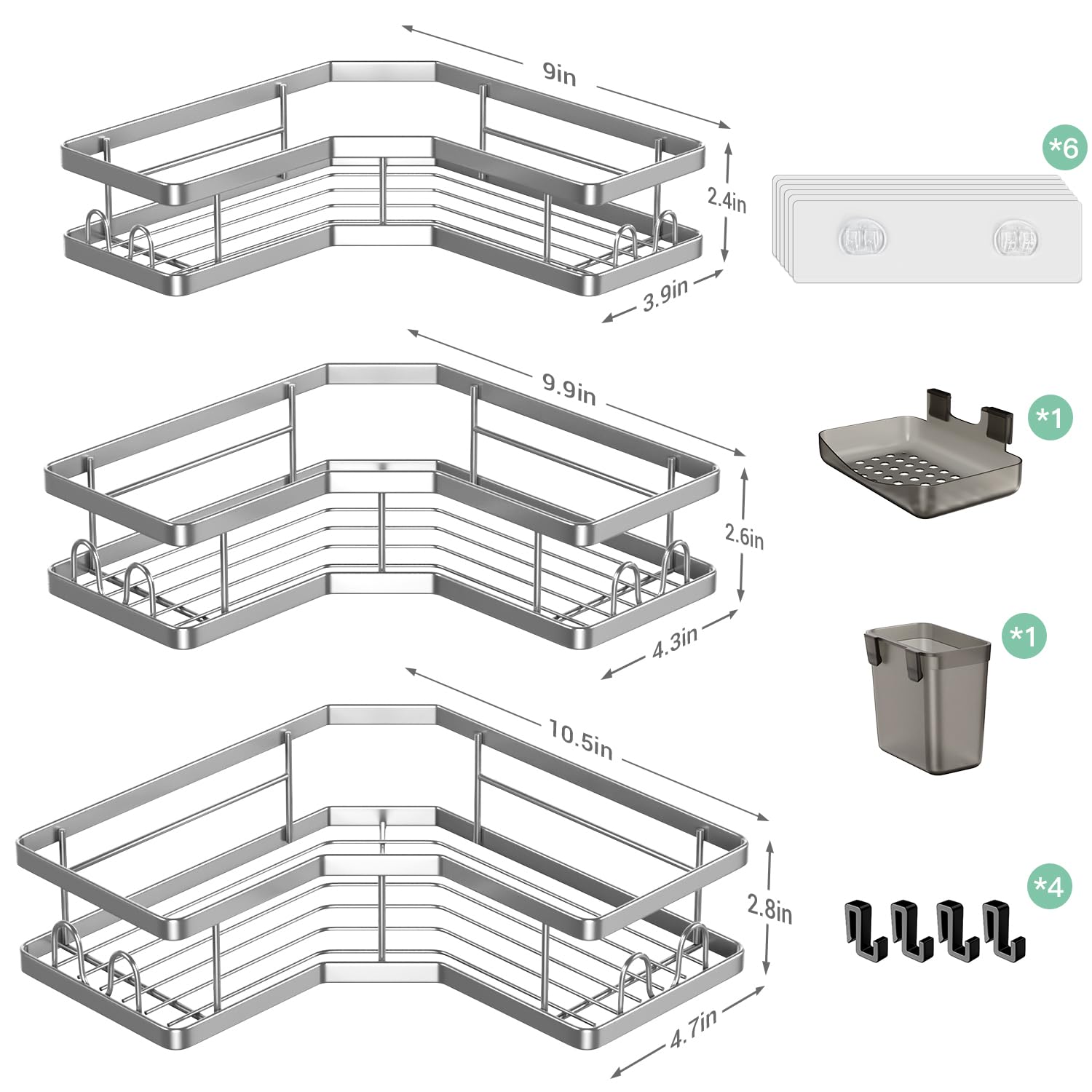 AKTECKE Organizador de ducha esquinero para baño: estante adhesivo para ducha, estantes para bañera, paquete de 3 estantes de ducha sin taladrar para ducha interior, organizador de bañera de acero