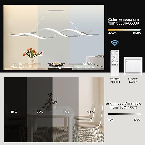 Miniatura 4 de Jaycomey Lámpara colgante moderna, lámpara LED regulable con control remoto, lámpara de araña en forma de onda, candelabros para comedores, cocina,