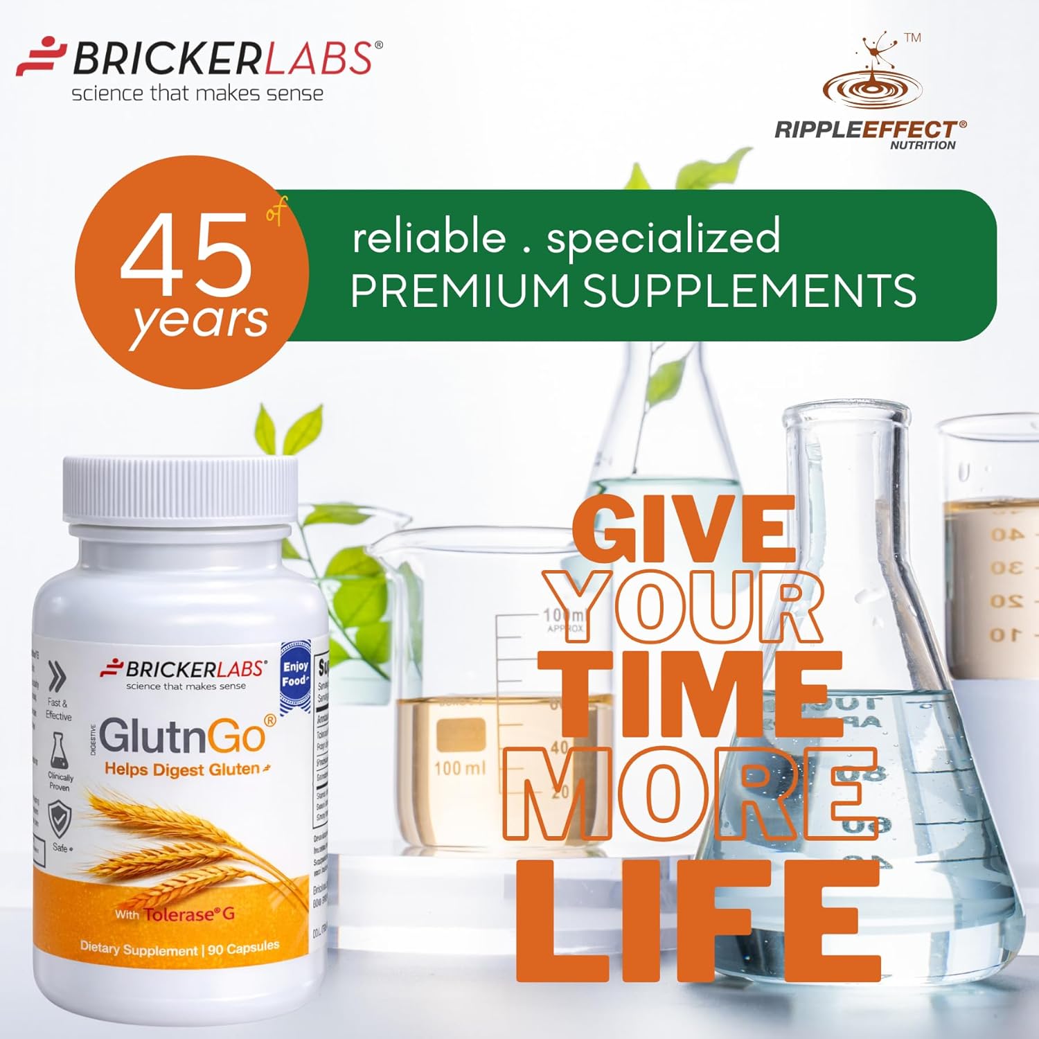 Bricker Labs GlutnGo Gluten Digestive Enzyme with Tolerase G 100mg – Supports Gluten Digestion & Digestive Comfort, 90 Capsules