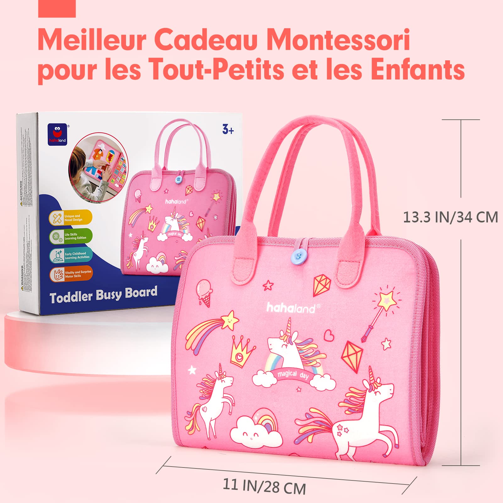 hahaland Busy Board Jouet Montessori, 7 in 1 Licorne Jouet Éducatif, Jouets d'Activité et de Développement pour Enfants, Livre Bebe en Feutre, Quiet Book Cadeau pour Enfant, 5 Couches Planche