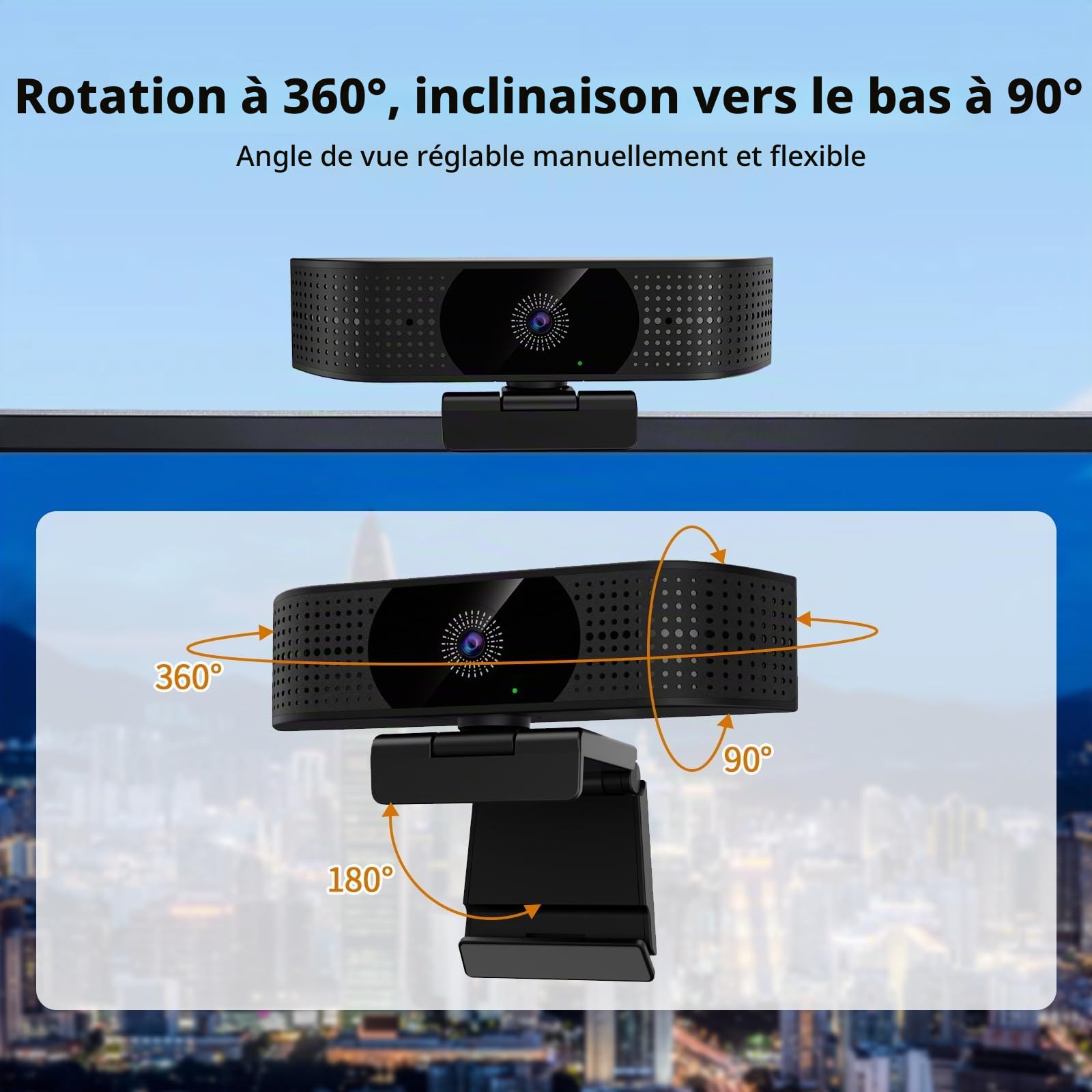 Webcam sans fil 1080p pour PC, webcam avec micro antibruit, alimentation