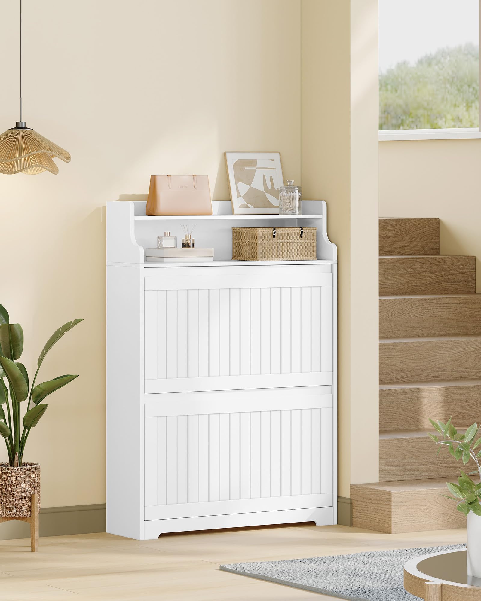 Hzuaneri Mueble Zapatero, Estrecho Zapatero Entrada Recibidor, 2 Puertas Oscilobatientes y Estantes Ajustables para 16 Pares Armario, 24 x 80 x 117,5 cm, Blanco SR66103X | Zapatero ajustable SR66103X para pasillo, salón, color blanco