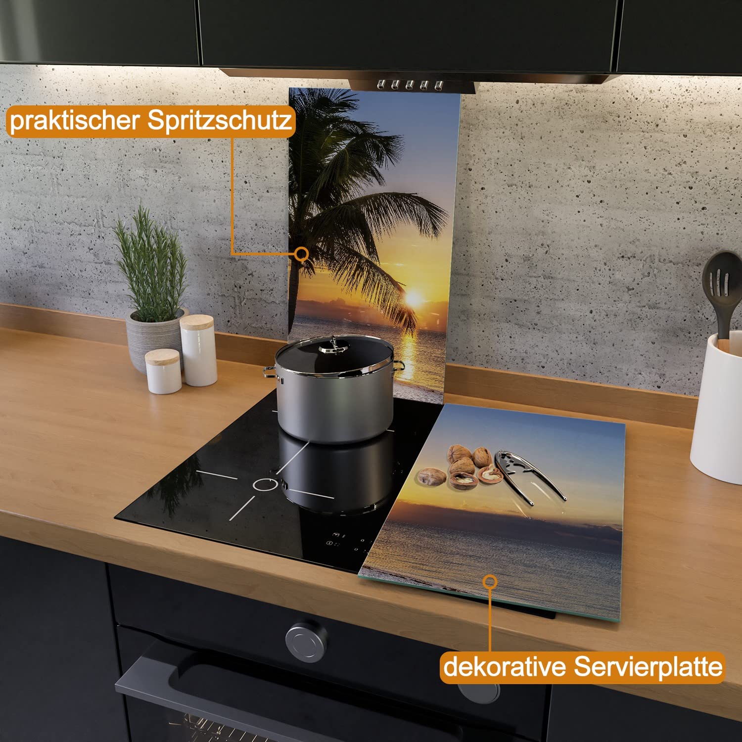 Wallario Herdabdeckplatte/Spritzschutz aus Glas, 2-teilig, 60x52cm, für Ceran- und Induktionsherde, Palme am Strand - Sonnenuntergang über dem Meer