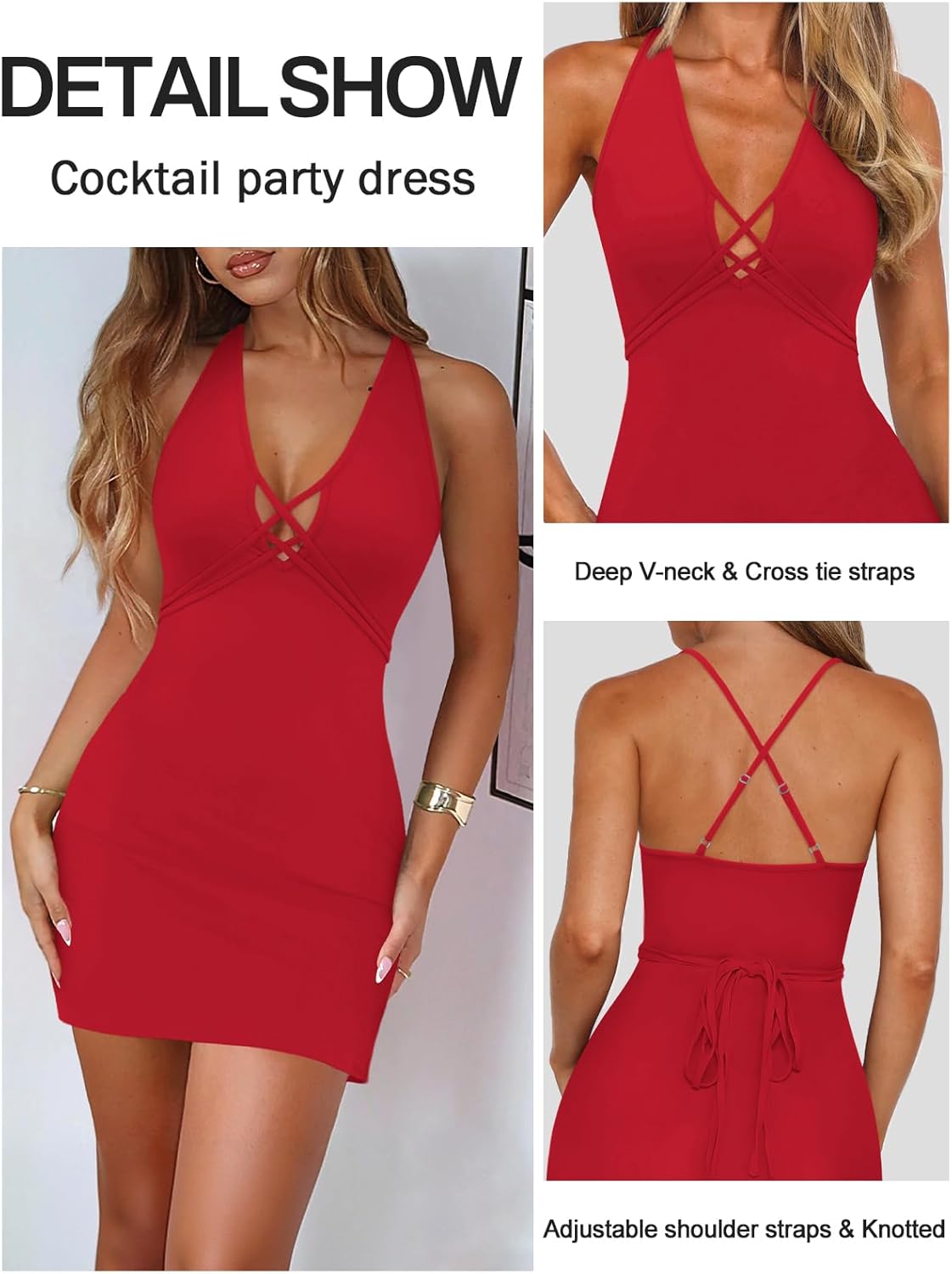 Women's Tie Spaghetti Strap Mini Dresses Sexy Halter V Neck Cross for Women Summer Party Cocktail Going Out Dress - Image 3