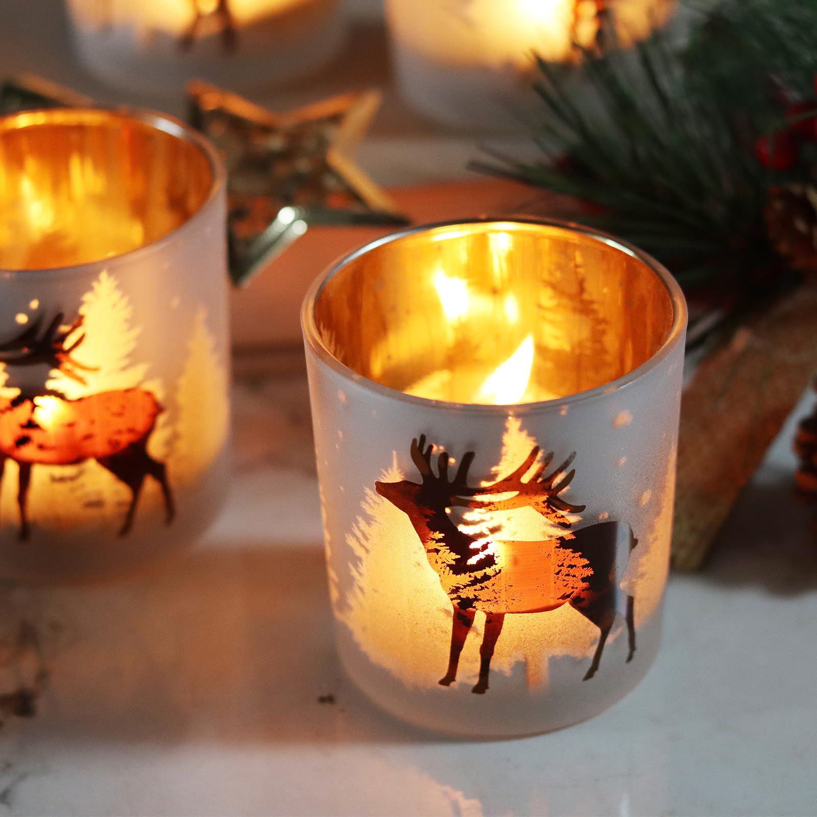 SHMILMH Lot de 4 bougeoirs votifs en verre doré et argenté pour décoration de table de Noël
