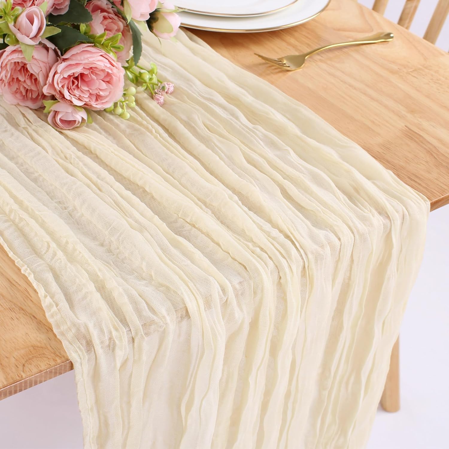 Kesfey 13FT Beige Cheesecloth Table Runner 90x400cm Long Boho Rustic Gauze Table Runners Cheese Cloth for Wedding Party Bridal Baby Shower Birthday Dinner Table Holiday Decorations