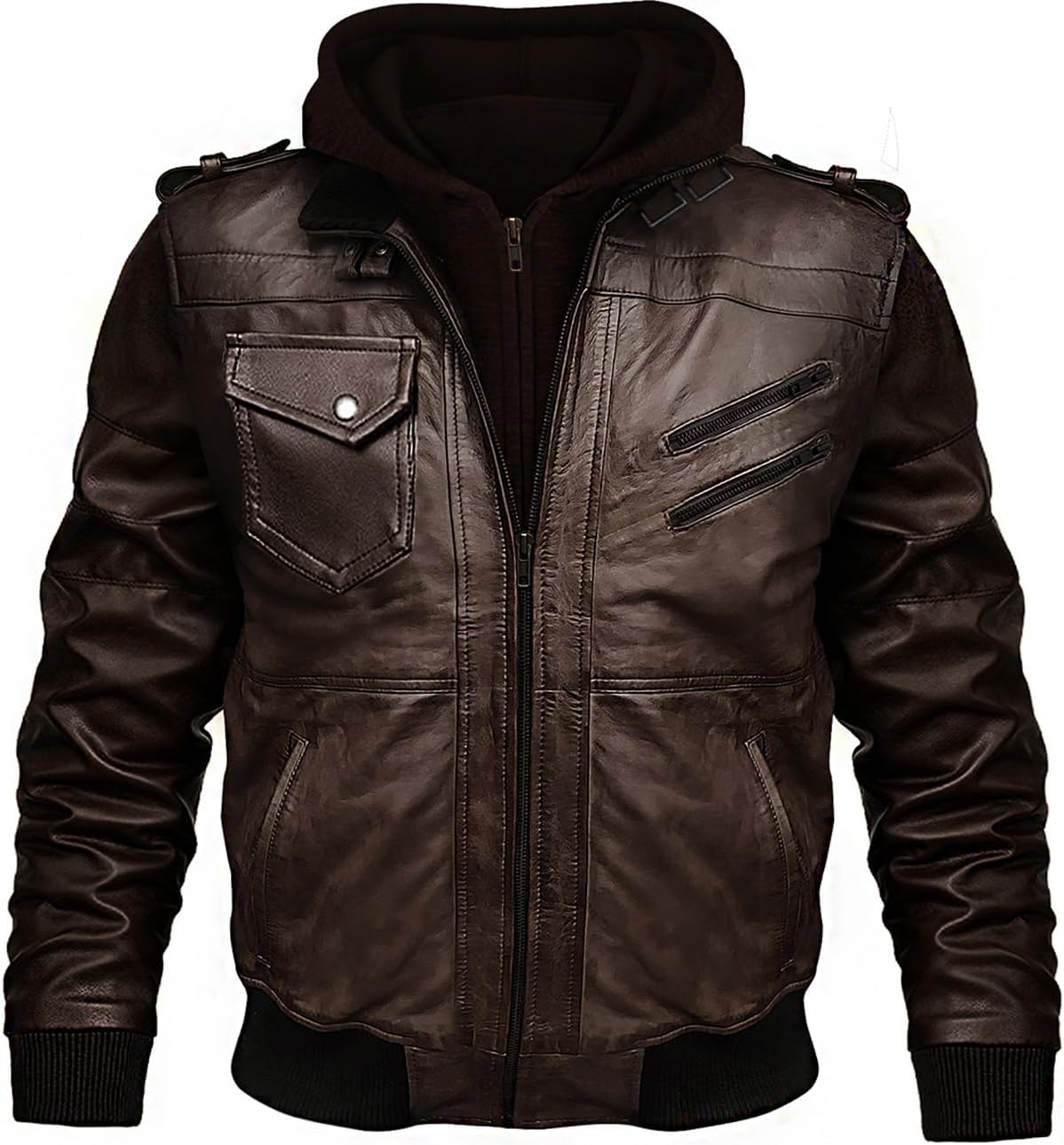 Removable Hooded Bomber Leather Jacket - Real Leather Motorcycle Jacket For Men