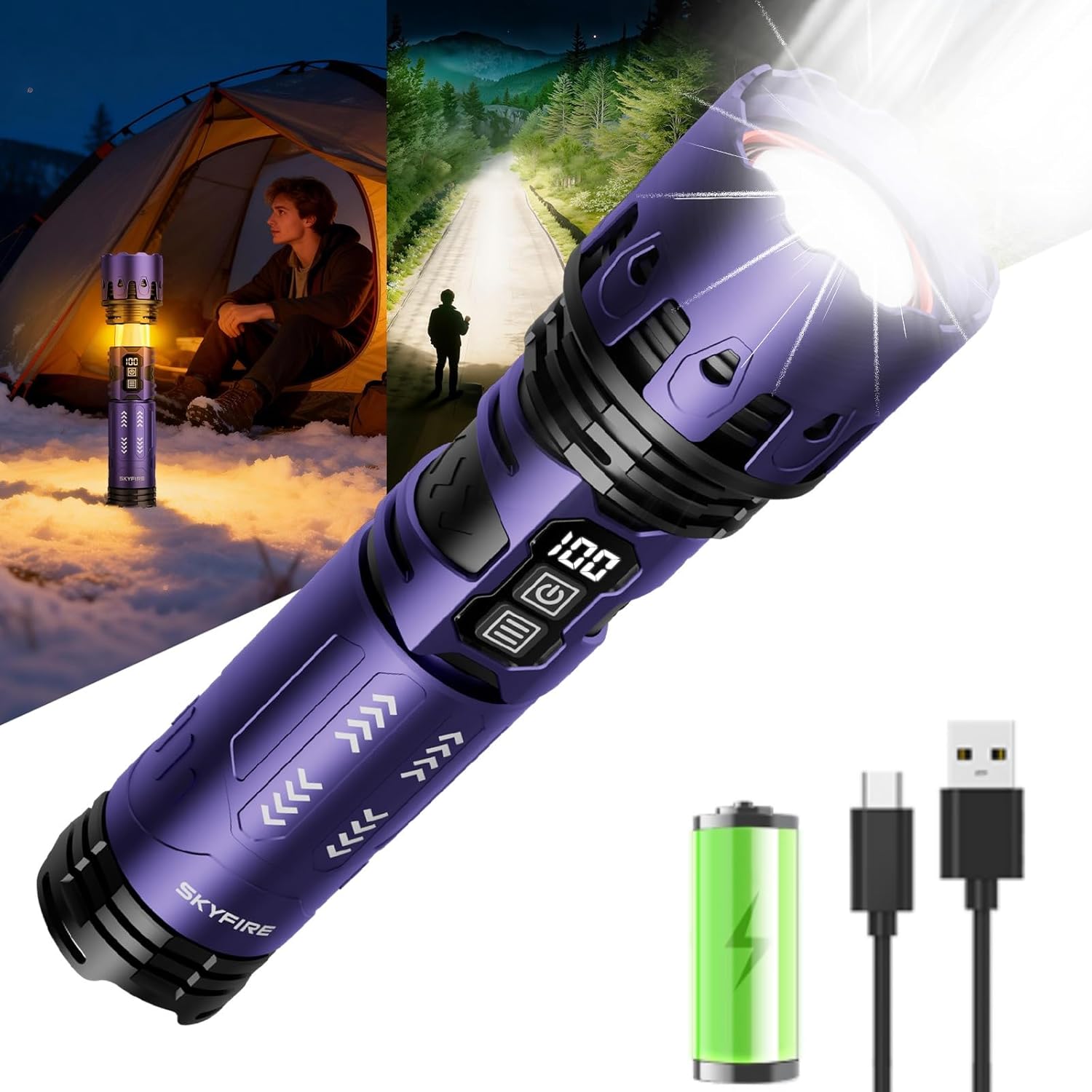 SKYFIRE LED Flashlights High Lumens with Ambient Lamp,3000 Rechargeable Super Bright Flashlight with 2 Colors,Focusable,Waterproof Tactical Flash Light for Camping Essentials,Outdoor&Home-Purple
