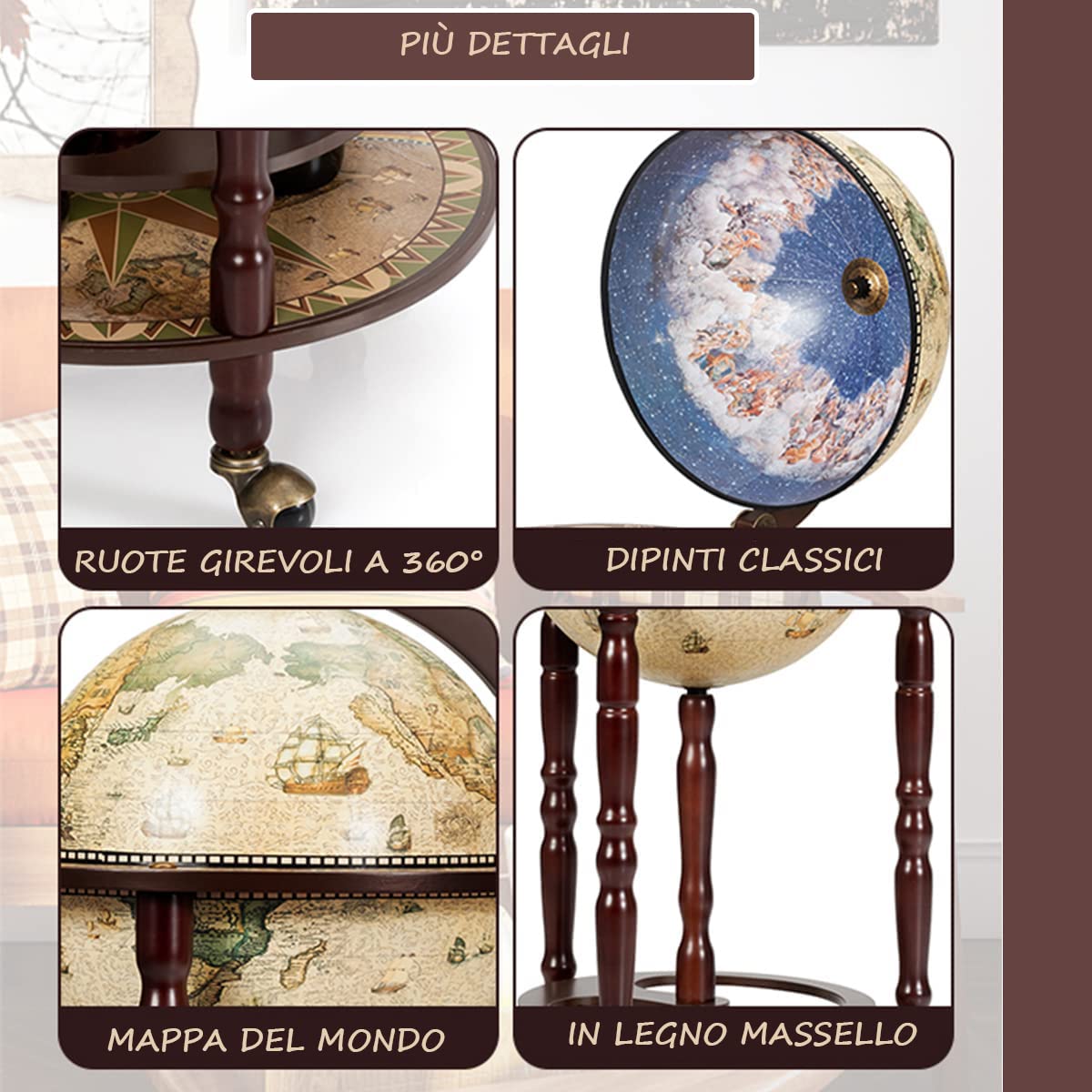 Carrello Bar Globo XXL In Legno Di Eucalipto - Mobile Bar Con Colonne, Bianco Avorio - Foto 7