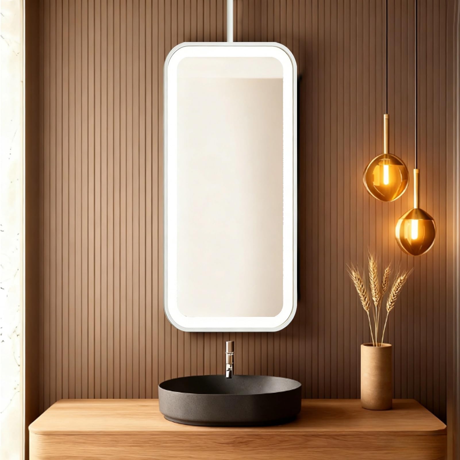 FGXHHS Rectangle LED Light Ceiling Hanging Mirrors｜White Metal Frame Illuminated Floating Vanity Makeup Mirrors with Customizable Boom｜Decorative Wall Mirror(40cmx60cm)