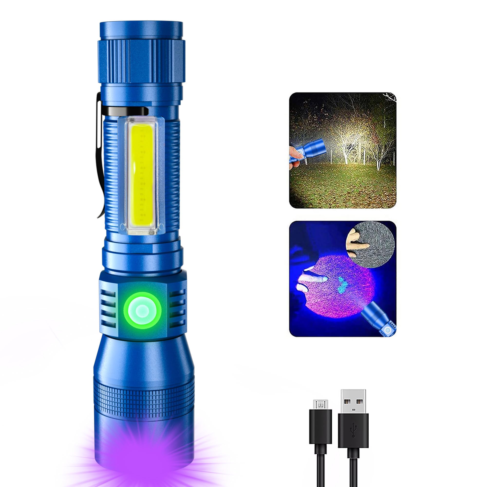AdamStar Black Light Flashlight, 3 in-1 Rechargeable Flashlights, UV Light Magnetic LED Flashlight High Lumens, 7 Mode Camping Waterproof Flashlight for Pet Urine Detection (1pack Blue)