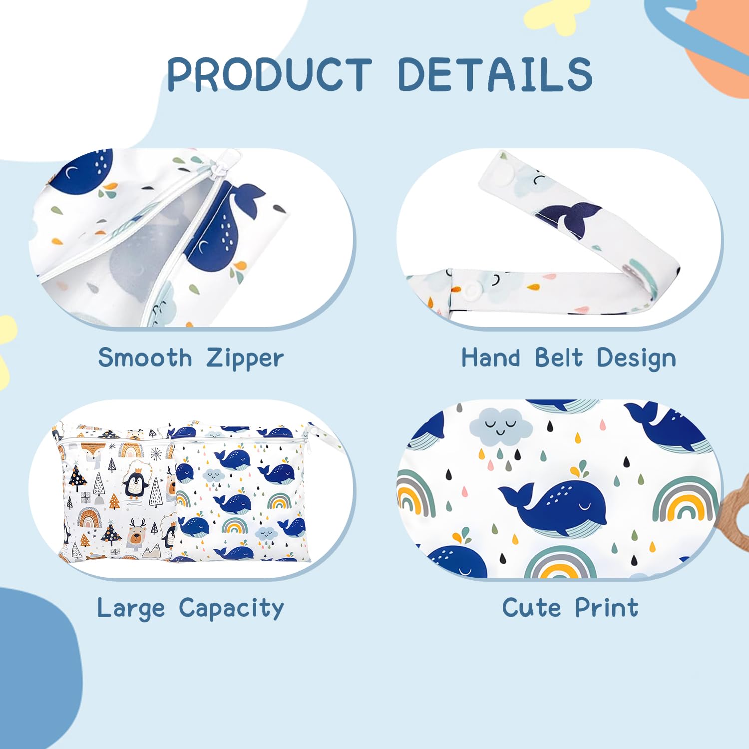 2 emballages Bourse Humide imperméable avec Fermeture éclair, réutilisable pour Articles bébé, vêtements, Gym, nage (Pingouin + Baleine)