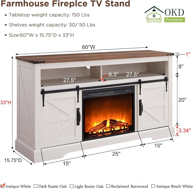 OKD 60" Farmhouse TV Stand with 23" Fireplace TV Stand, Antique White image 6