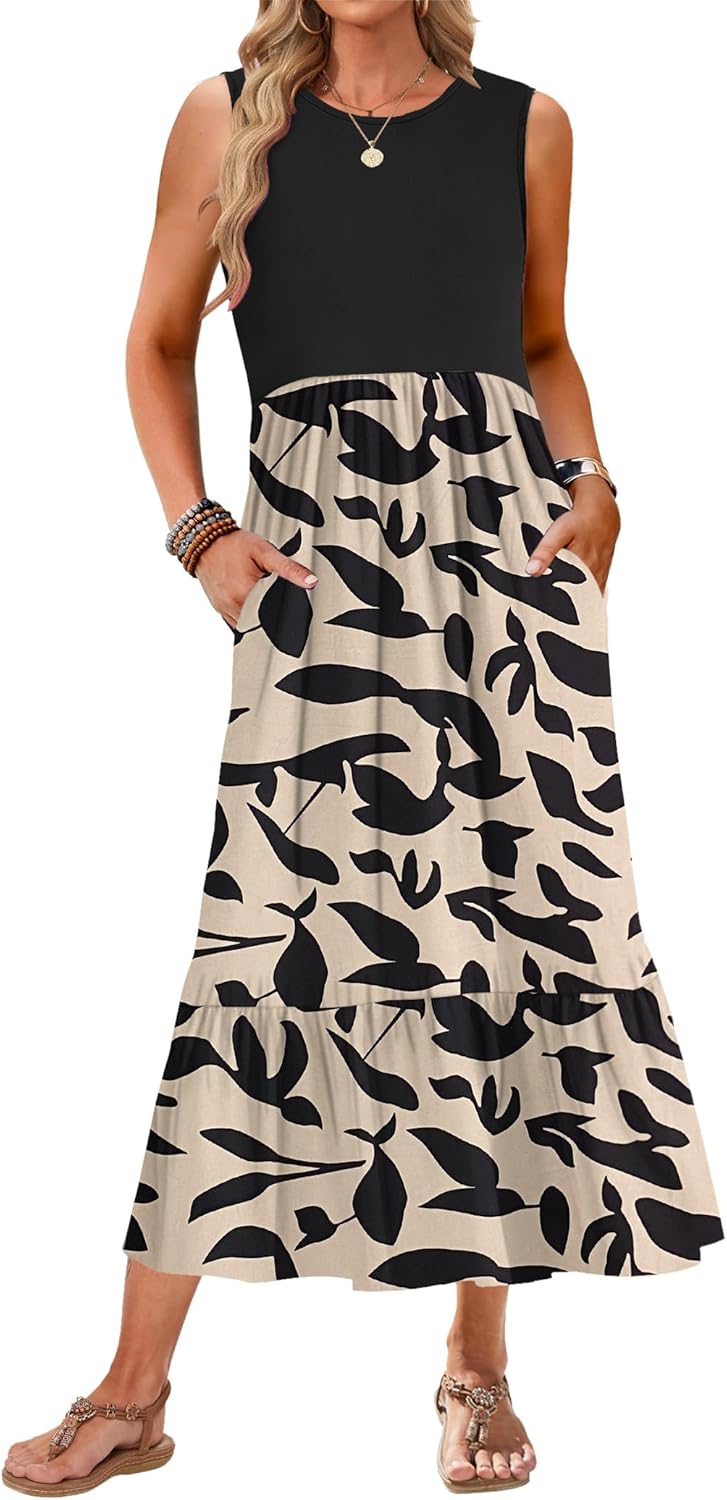 AUSELILY Womens Summer Dresses 2026 Sleeveless Maxi Dress Crewneck Casual Flowy Tiered Sundresses with Pockets