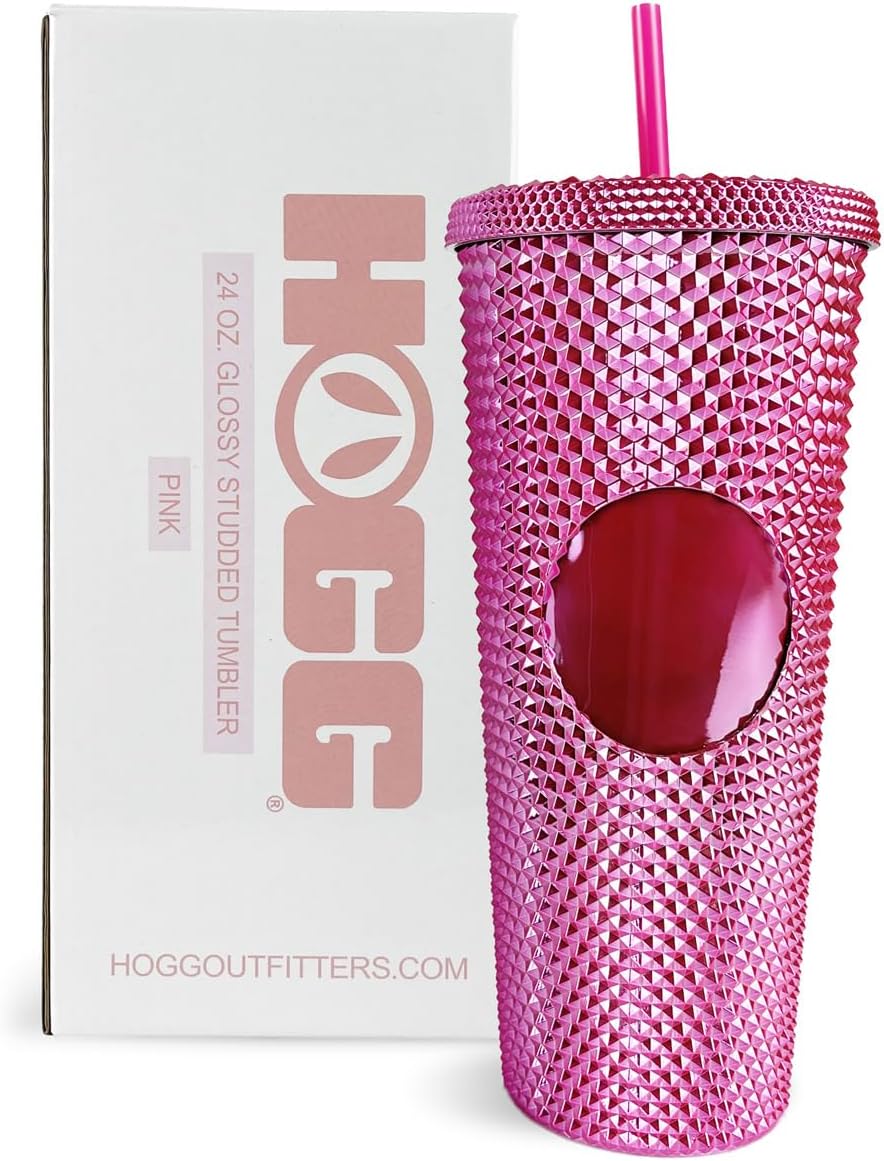 Hogg 24 oz Studded Tumbler with Lid and Straw - Glossy Pink, Reusable Iced Coffee Cup, Bling Tumbler for Women, Glitter Rhinestone Cup, Gifts for Iced Coffee Lovers