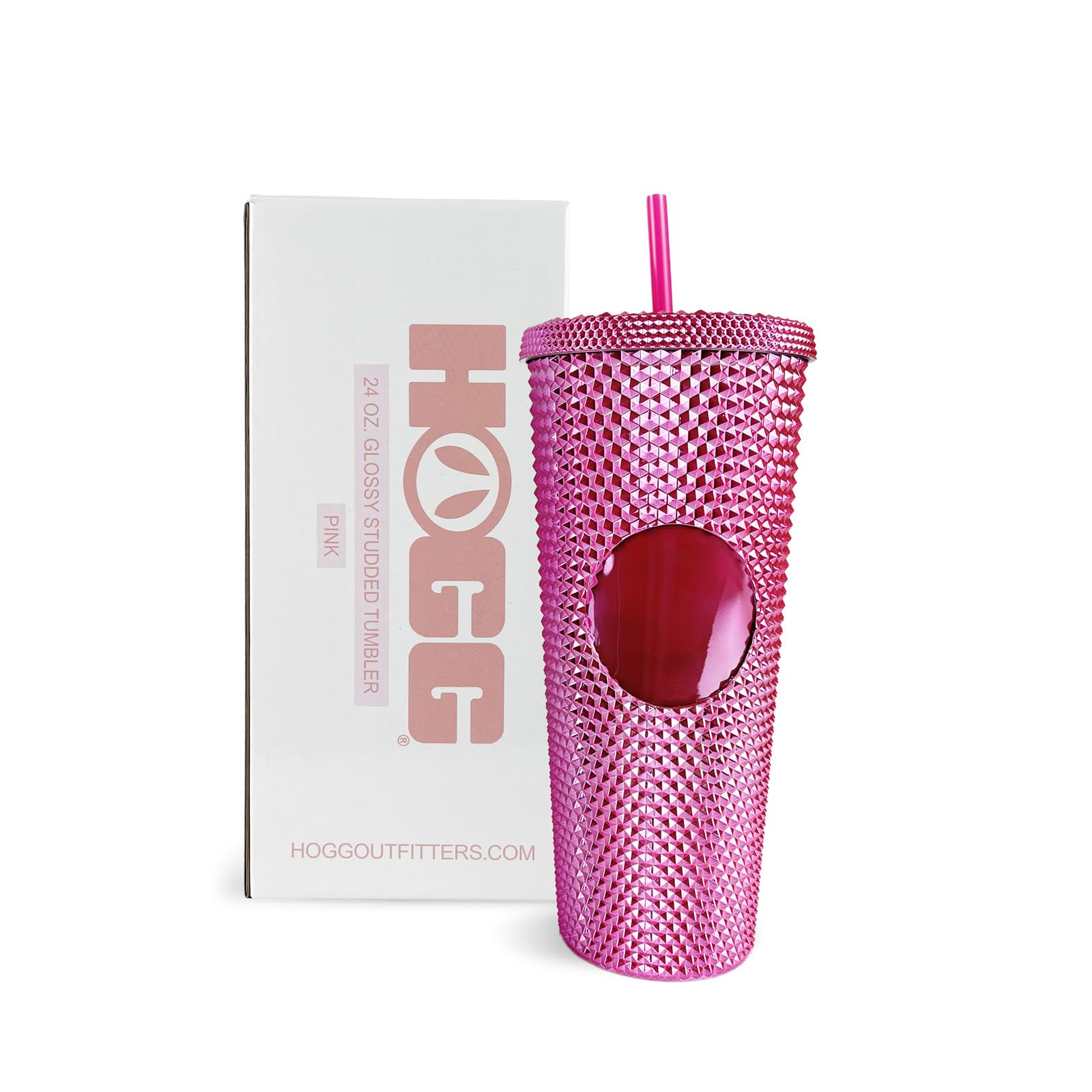 24 oz Studded Tumbler with Lid and Straw - Glossy Pink, Reusable Iced Coffee Cup, Bling Tumbler for Women, Glitter Rhinestone Cup, Gifts for Iced Coffee Lovers