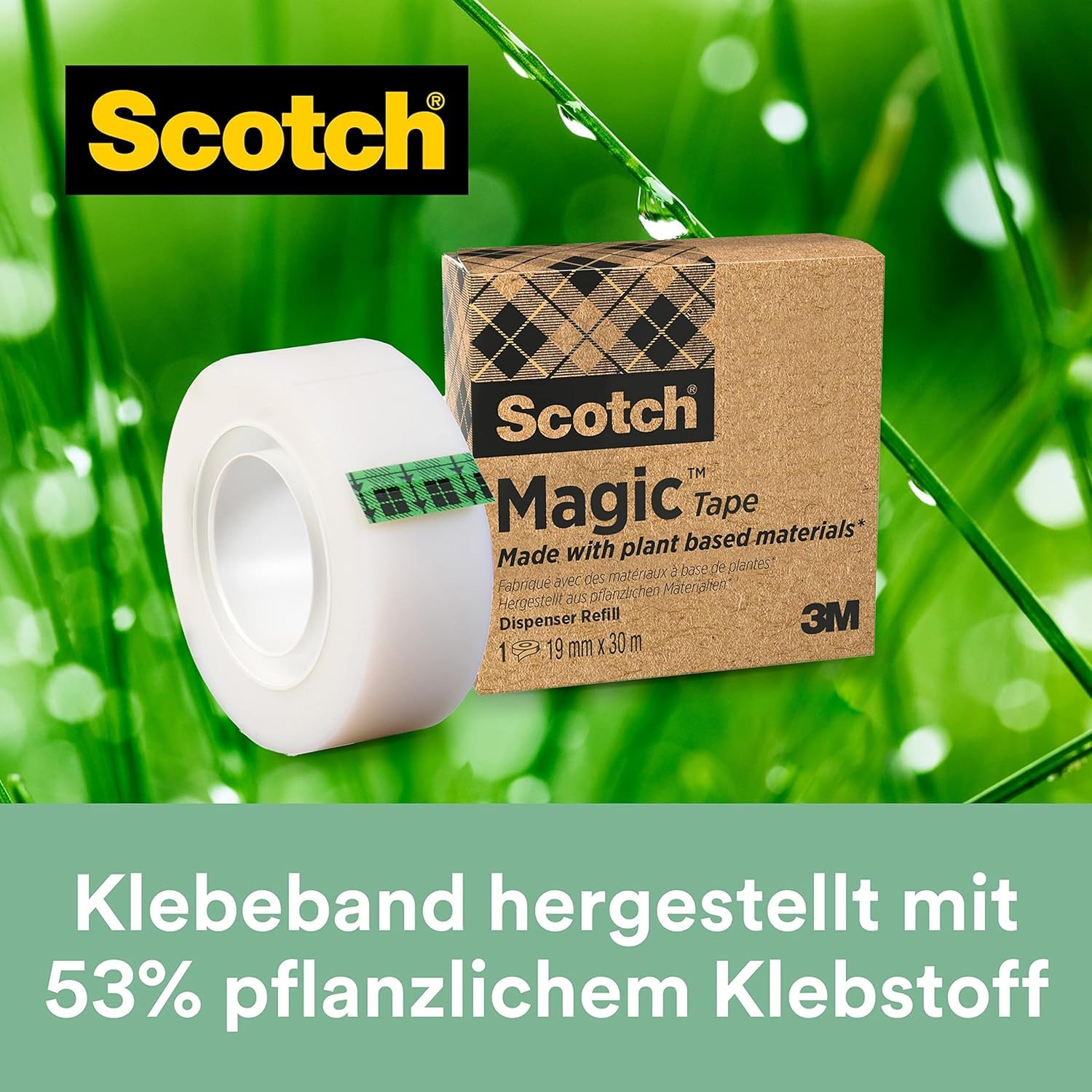 Scotch Magic Klebeband A Greener Choice 19 mm x 20 m im Handspender - 100 % recycelt, Unsichtbares Klebeband mit Pflanzlichem Klebstoff zur Reparatur, Etikettierung und Versiegelung von Dokumenten