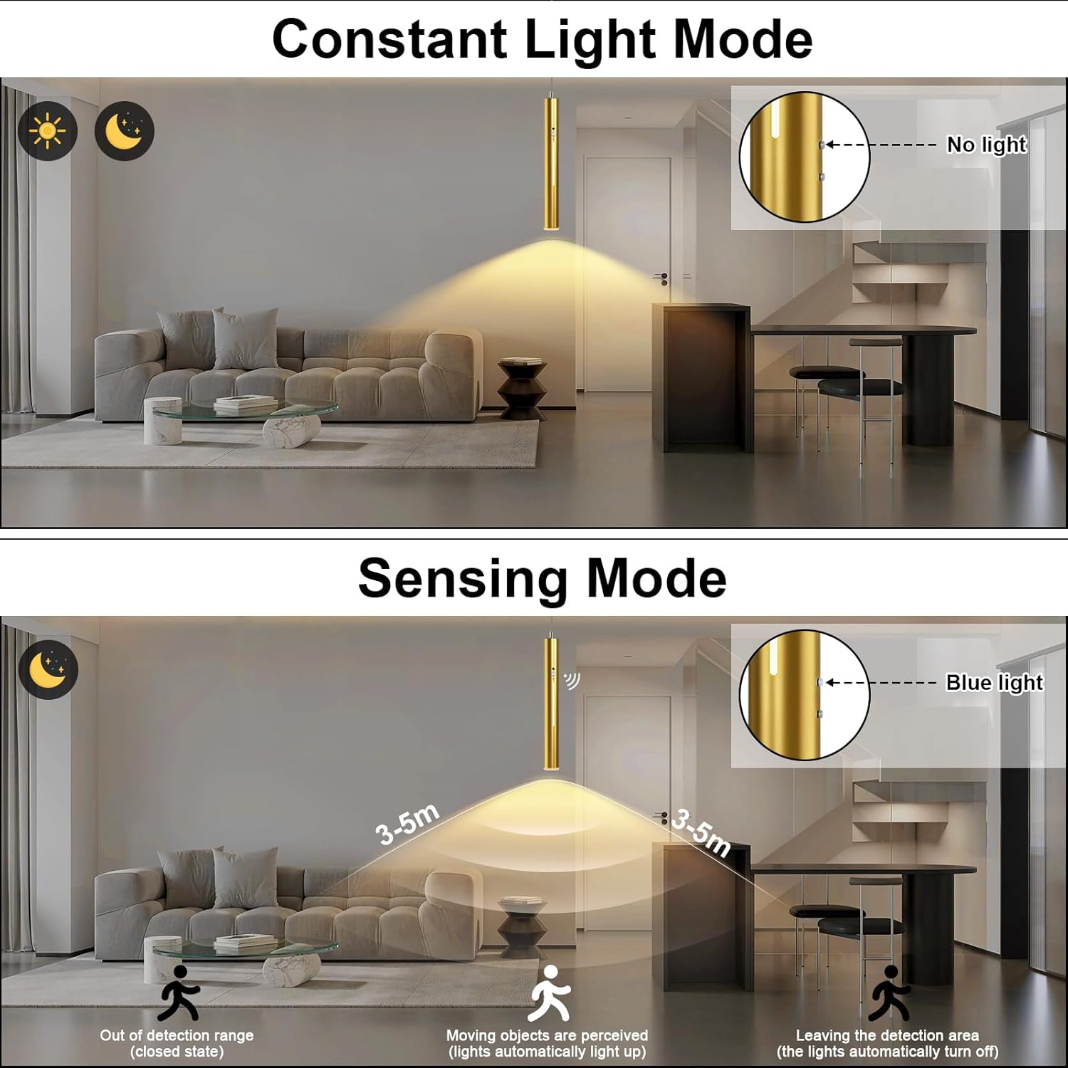 Lightess Battery Operated Pendant Light with Motion Sensor, 3 Color Dimmable Rechargeable Hanging Light with Remote, Modern Gold Pendant Light Fixtures for Dining Room Hallway Bedroom
