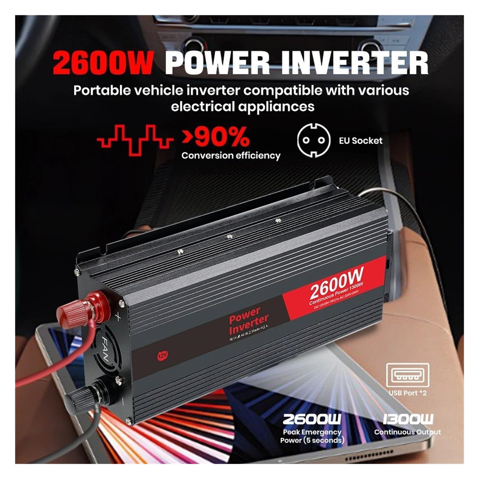 Power Inversor Corriente Convertidor Potencia 12V 220V 500W/1500W/2000W/2600W Enchufe Europeo Inversor 12 Voltios Transformador Solar Coche(12V 1500W Red)