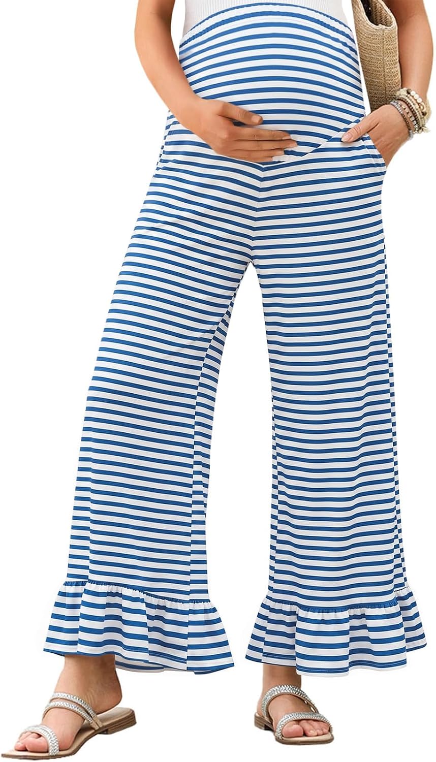 Yousify Womens Maternity Pants Soft Ruffle Flowy Lounge Palazzo Pants Pregnancy Wide Leg Trousers