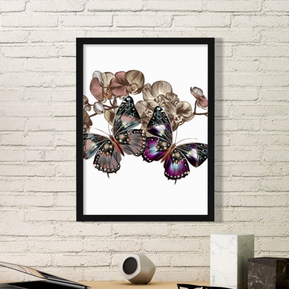 Cadeau décoration fleurs et papillon cadre noir élégant