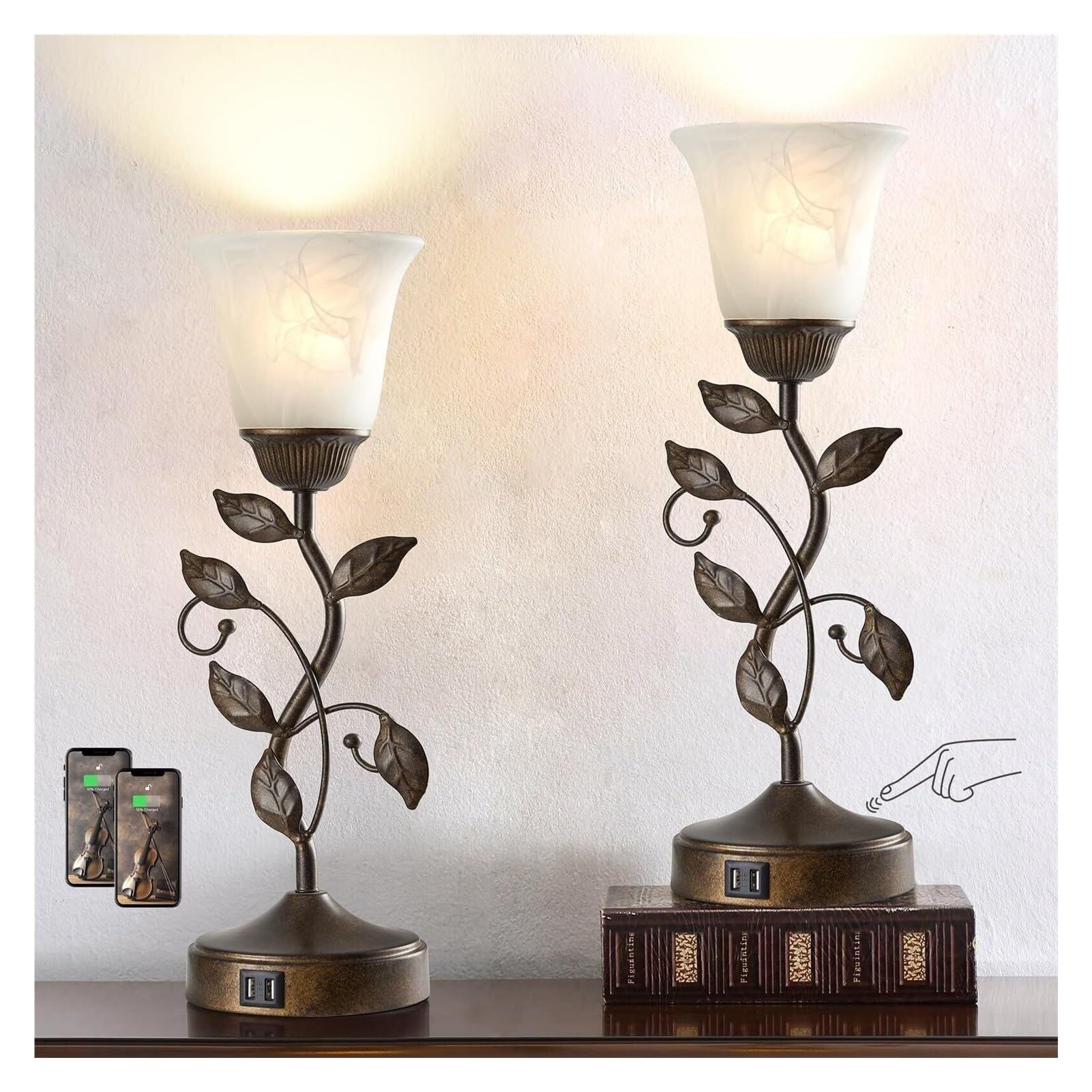 Lampe de chevet tactile, lot de 2, abat-jour en verre ambré, style feuille vintage, idéale for les chambres et les bureaux. lampe de bureau