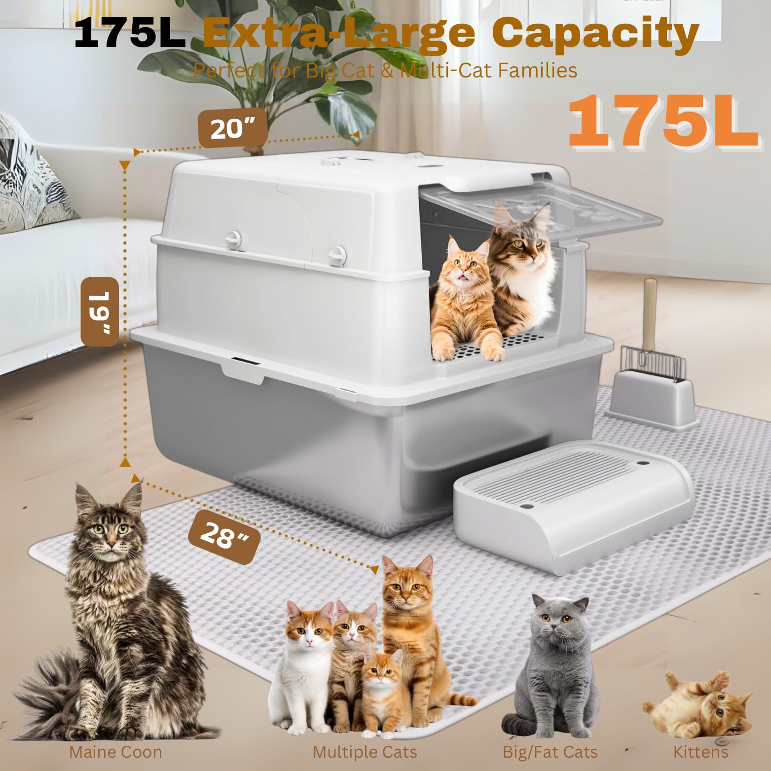 XXXXL Jumbo Stainless Steel Litter Box with Lid for Maine Coon, 28" L x 20" W x 19" H Extra Large Stainless Steel Cat Litter Box for Big Cat and Multi-Cats Families,Non-Sticky, Anti-Leakage - image 2