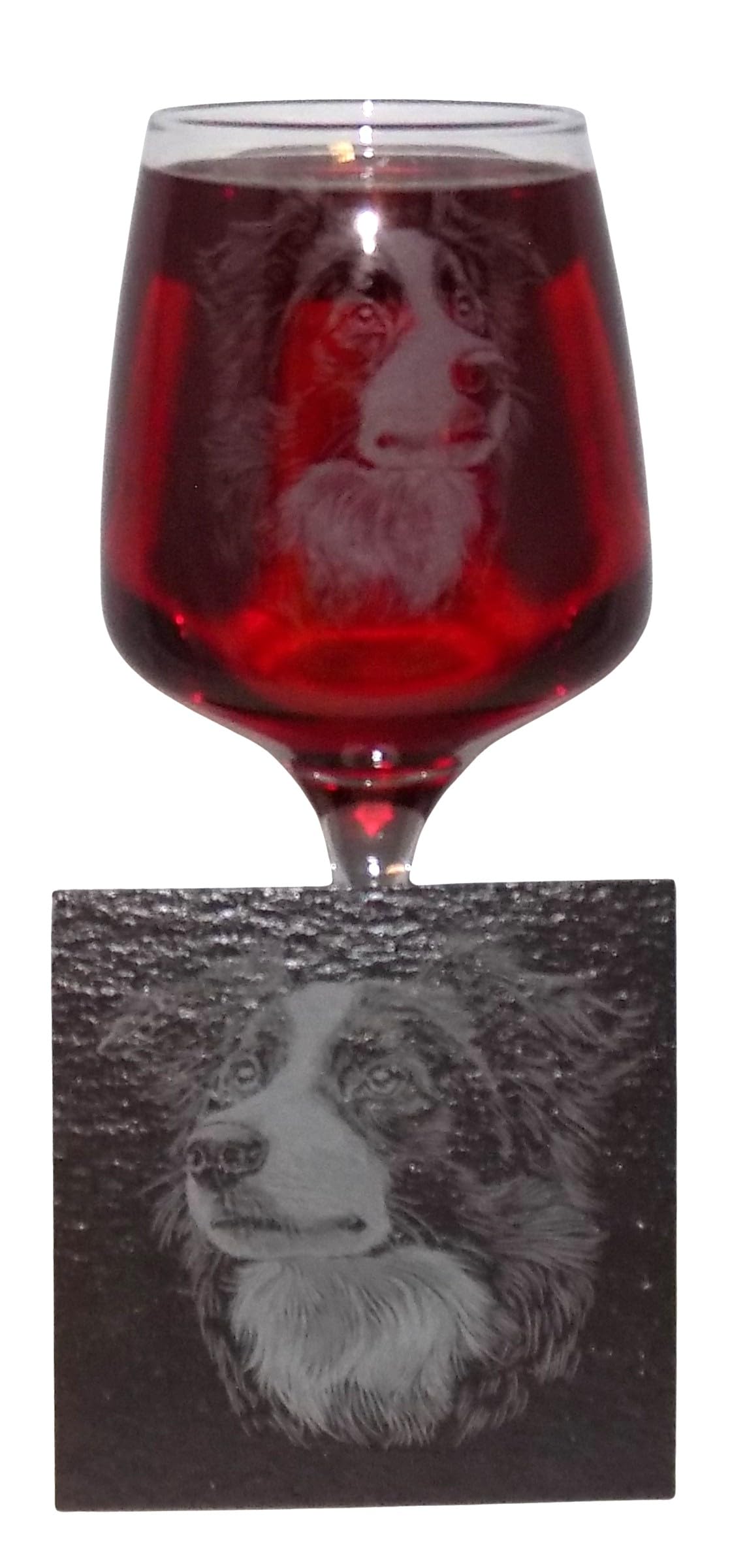 Border Collie Gift Set - Engraved Portrait Wine Glass and Slate Coaster