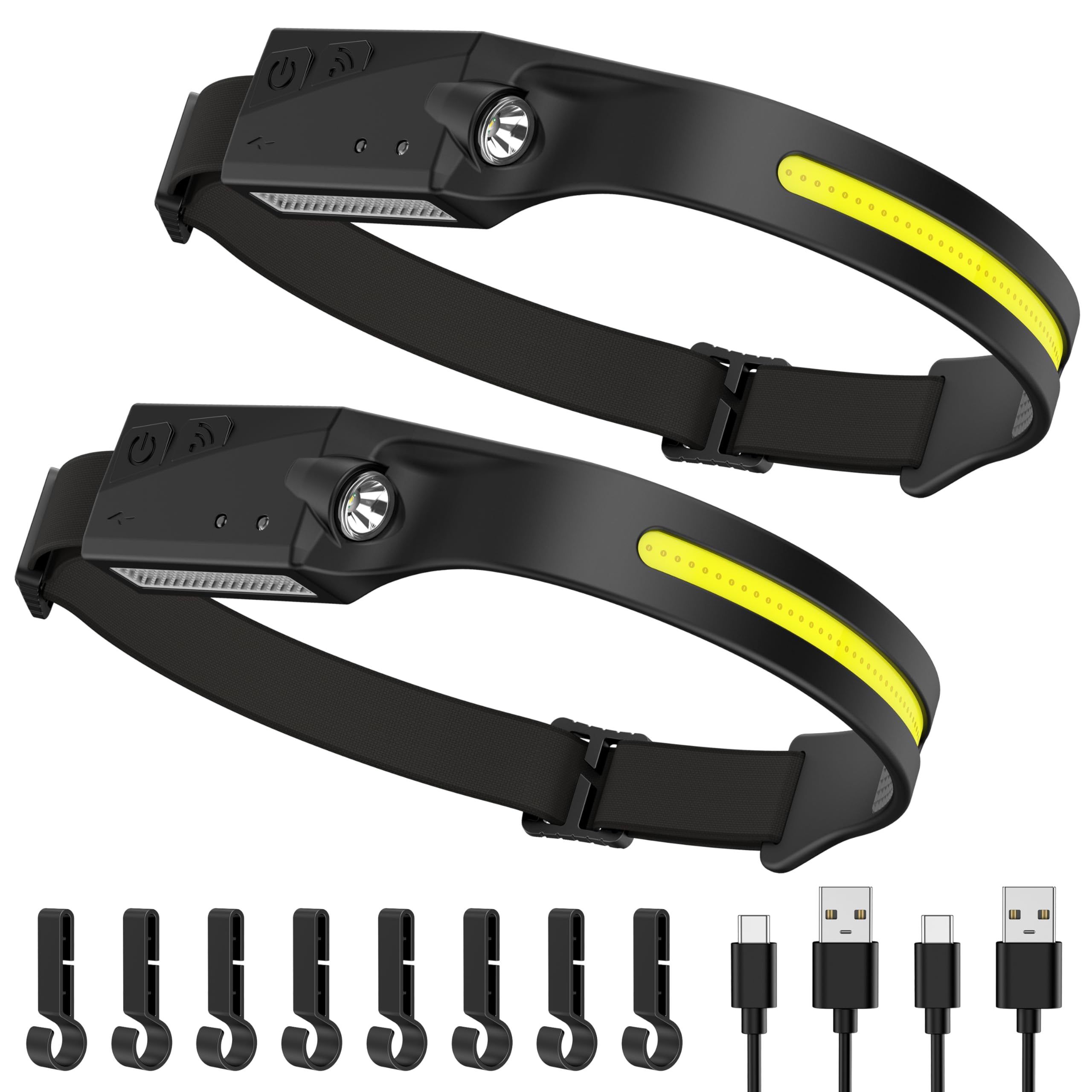 Lampada Frontale LED Super Luminosa, 2 Pcs Torcia Frontale Ricaricabile USB-C, 4 Modalità, 350 Lumen, Sensore Movimento, Luce Frontale LED Per Corsa, Pesca, Campeggio