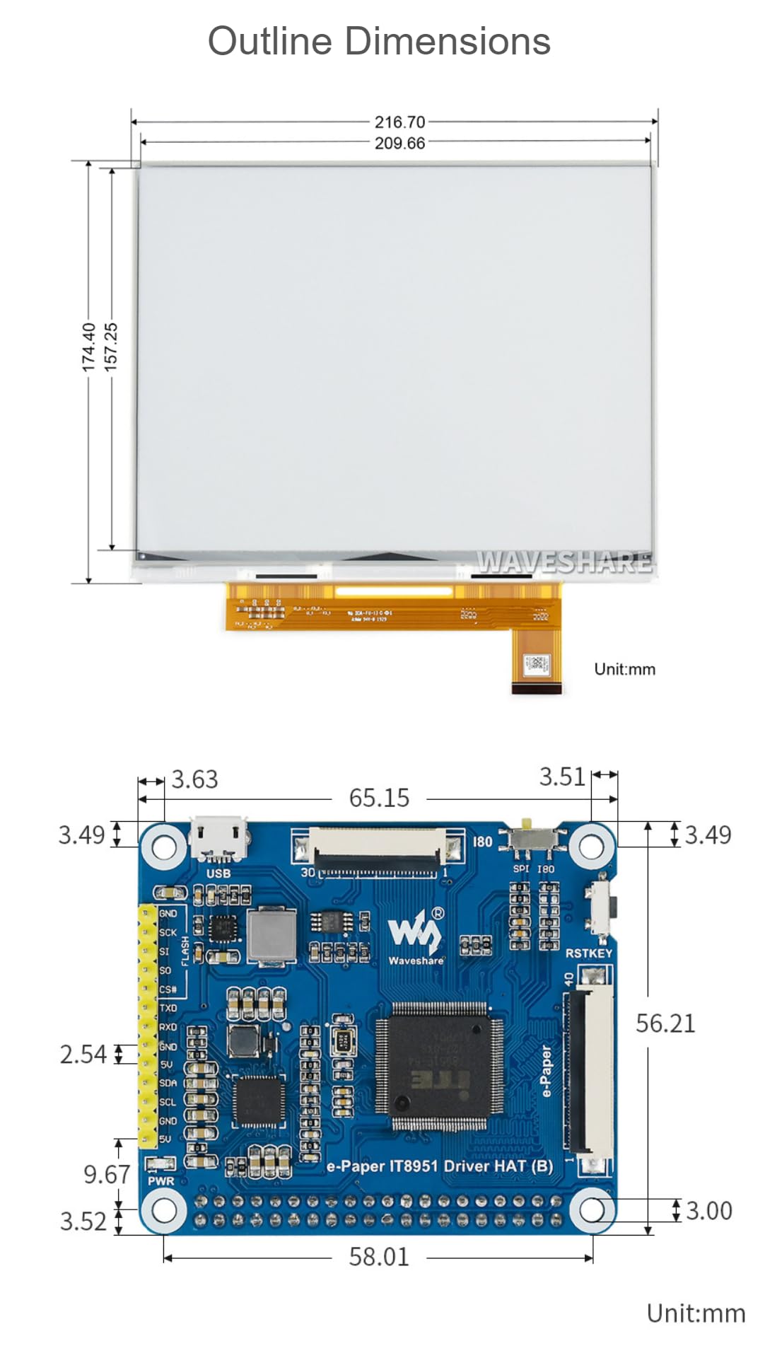 26.2 cm E-Paper E-Ink Display HAT kompatybilny z Raspberry Pi rozdzielczość 1872 × 1404 kolor czarny i biały 16 szarości komunikacja USB/SPI / I80