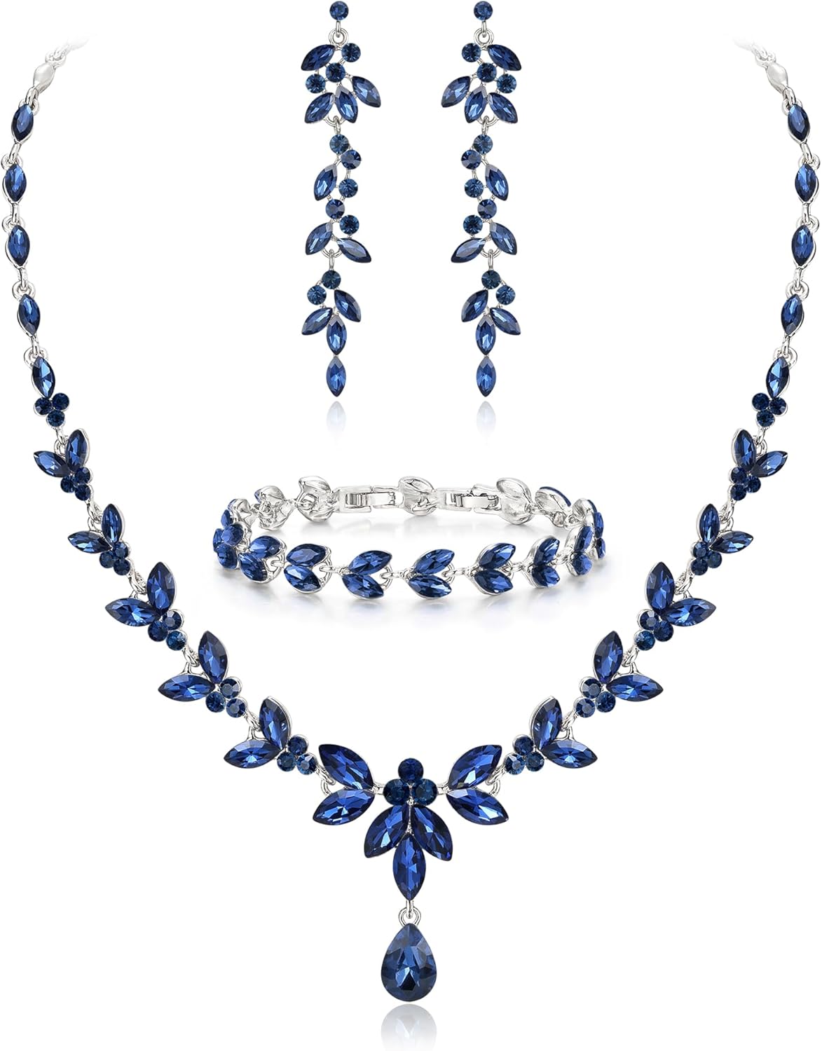 EVER FAITH Austrian Crystal Bridal Bridesmaid Jewelry Sets, Elegant Marquise Rhinestone Leaf Necklace Dangle Earrings Tennis Bracelet Set for Women