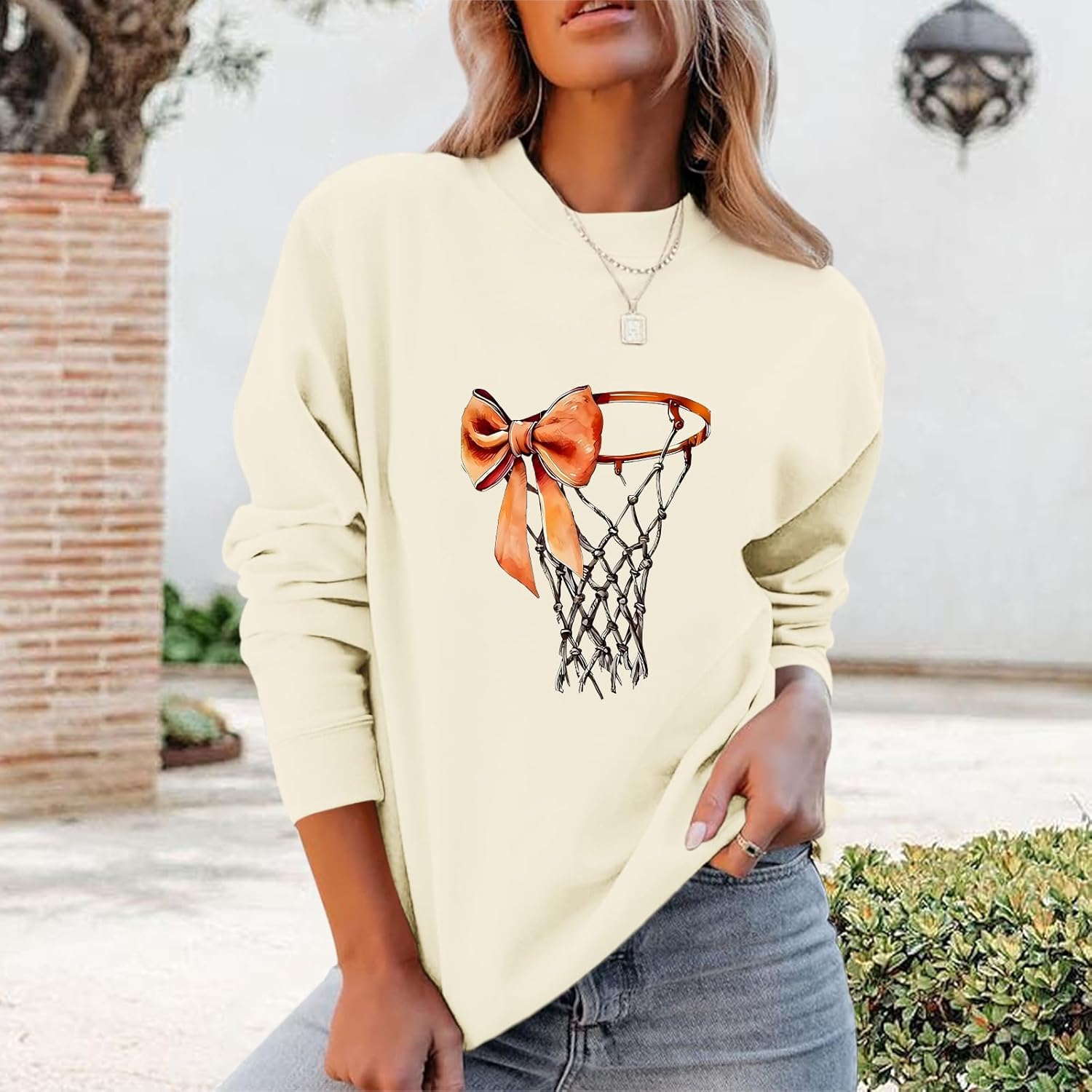Basketball Crewneck Sweatshirt for Women Game Day Sweatshirts Bow Graphic Long Sleeve Pullover Gameday Themed Gifts - Image 3