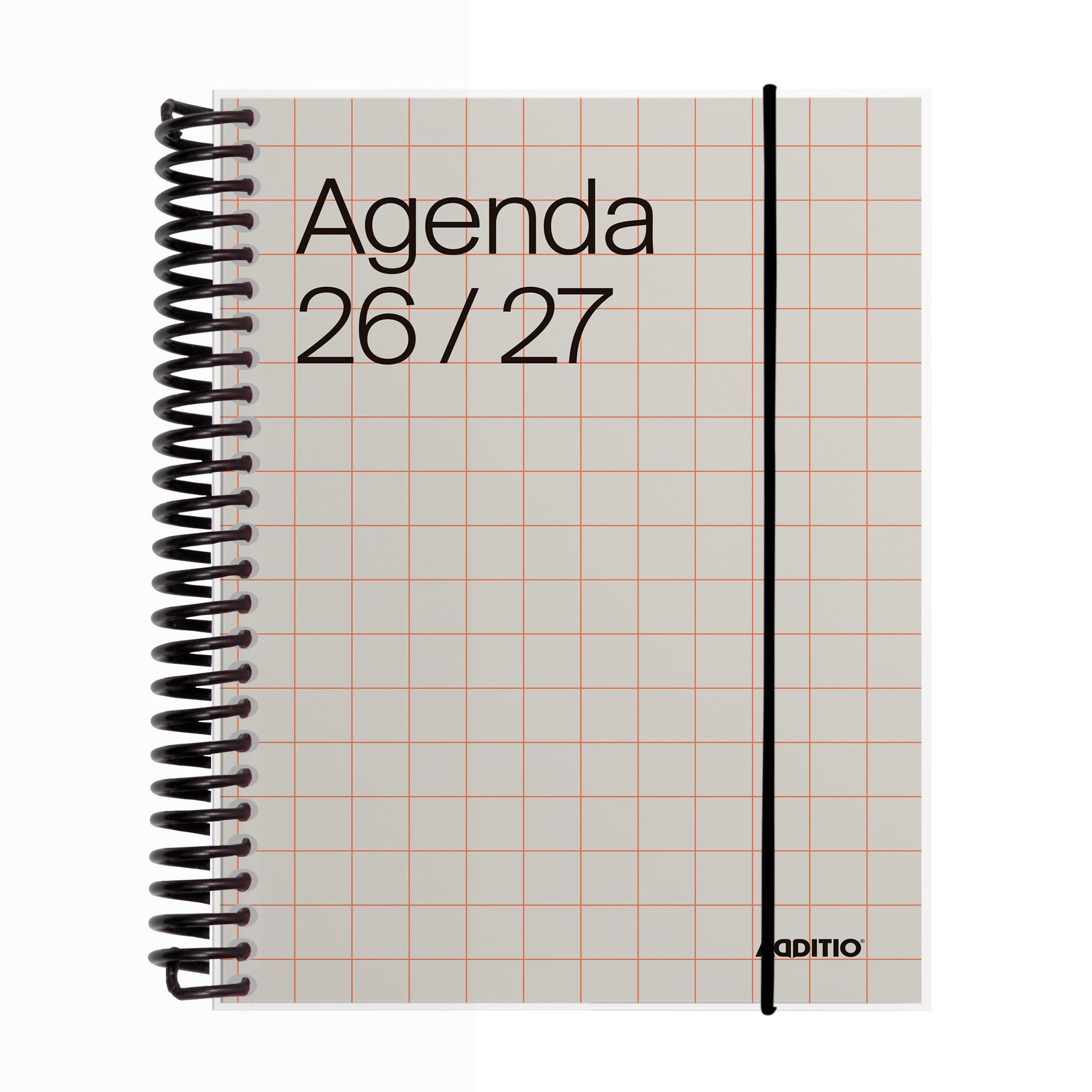 ADDITIO Schülerkalender 2026-27 | Universal | Tagesansicht | September 2026 bis August 2027 | 12,5 x 17 cm | Verschluss mit Gummizug | Stifthalter | Aufkleber | Spanisch | Beige