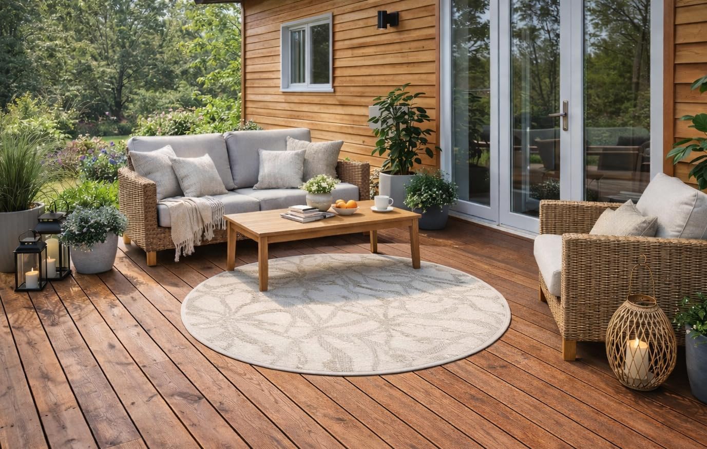 Haga, Runden, Sisal, Blumen, 140 cm, modernes Muster Outdoor Teppich, Balkon Carpet,Tepich für Terrasse, Teppiche aussenbereich wetterfest