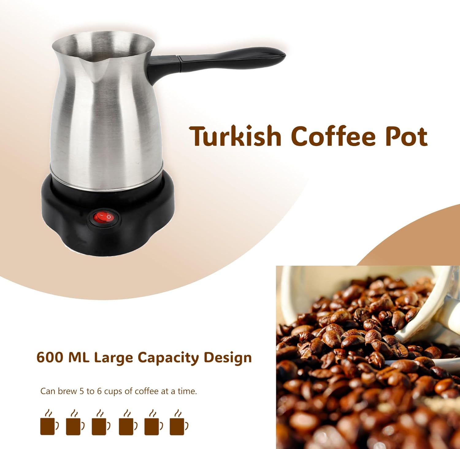 600ml Electric Turkish Coffee Pot, Stainless Steel Turkish Coffee Maker, Heating Tea Maker Kettle For Home Travel