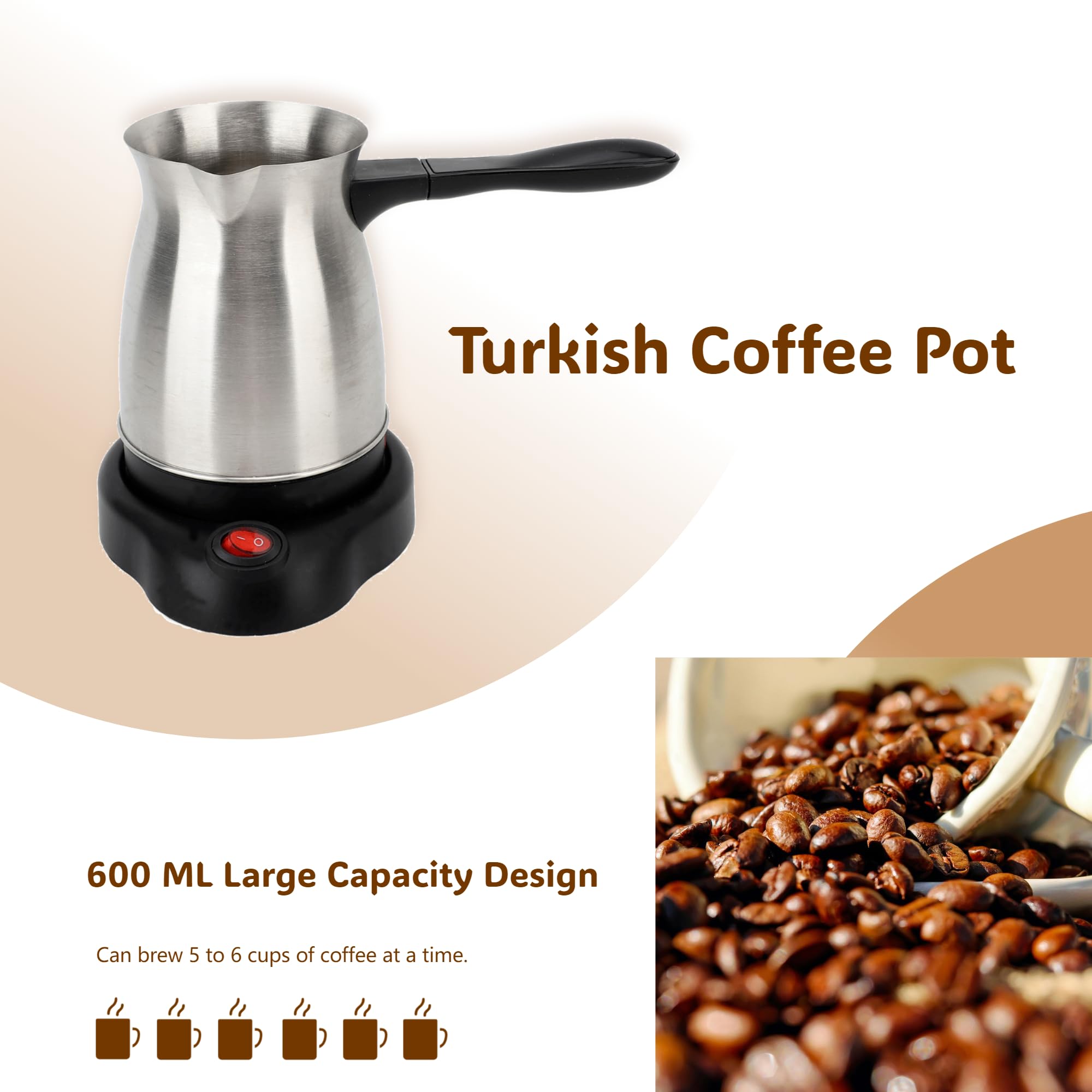 Pote de café turco eléctrico de 20.3 fl oz, cafetera turca de acero inoxidable, hervidor de té de calefacción para viajes caseros 4