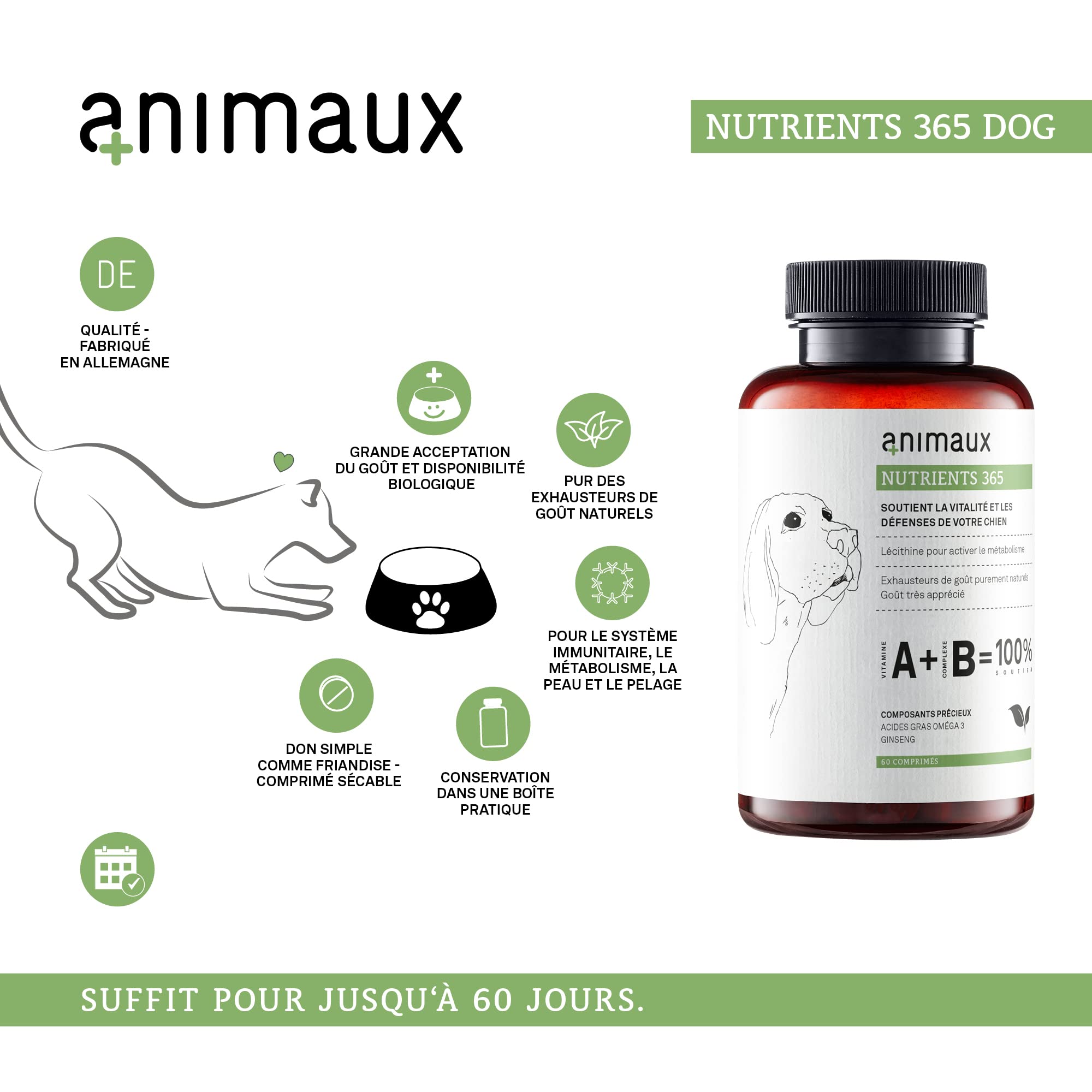 animaux nutrients 365 – 60 comprimés à mâcher – Vitamines pour Chiens, Soutien du métabolisme, du système immunitaire et du Pelage, avec Complexe de vitamines B, oméga 3, Ginseng et Plus Encore