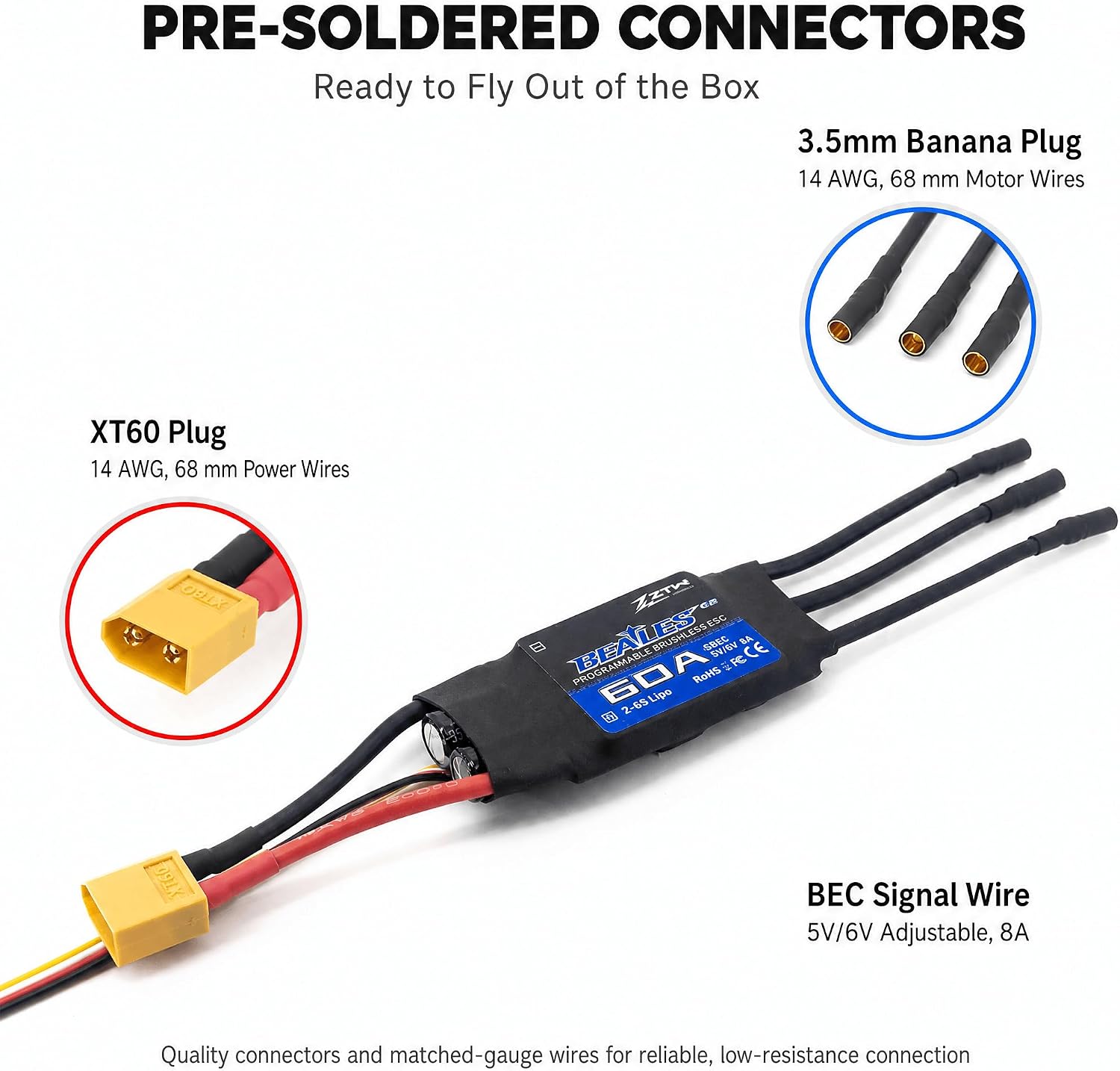 ZTW Beatles G2 60A ESC 2-6S Built-in Switching BEC 5V/6V 8A Brushless Speed Control for RC Airplane Aircraft Fixed-Wing