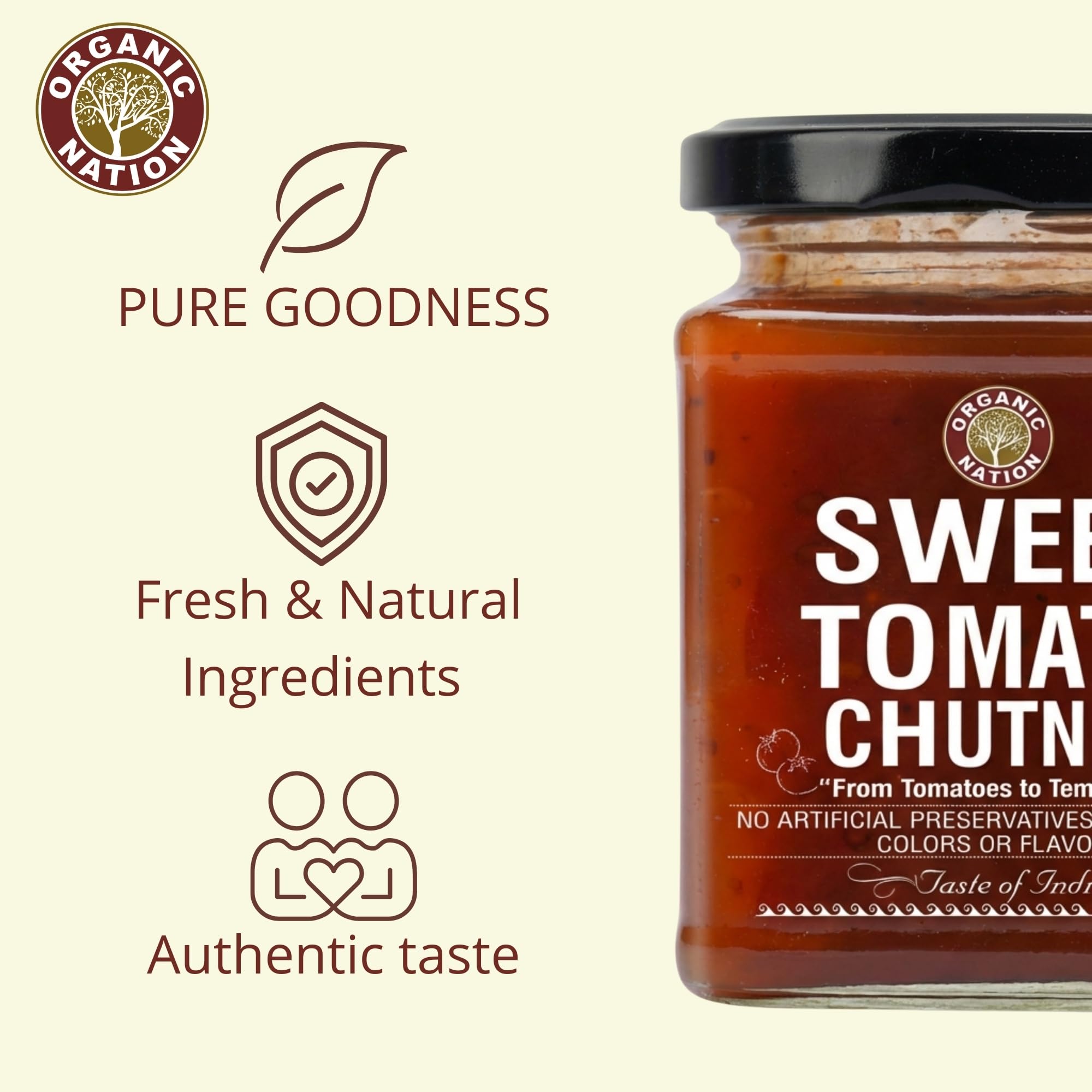 ORGANIC NATION Sweet Tomato Chutney Spicy Ketchup - Perfect Ketchup for Kids, Sweet & Tangy Indian Dip, Natural Ingredients, No Preservatives, Ideal for Snacks, Chaats & Curries, 300g 1