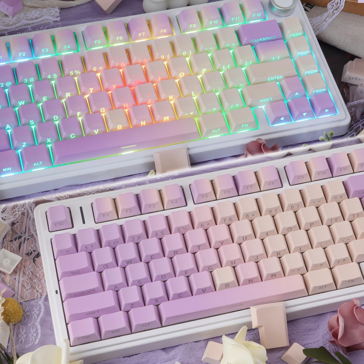 Sunzit PBT Keycaps - Taro Milk Tea Side Printed Keycap Set,133 Keys Shine Through Custom Key caps, Dye-Sublimation Cherry Profile Keycap for MX Switches Mechanical Keyboards