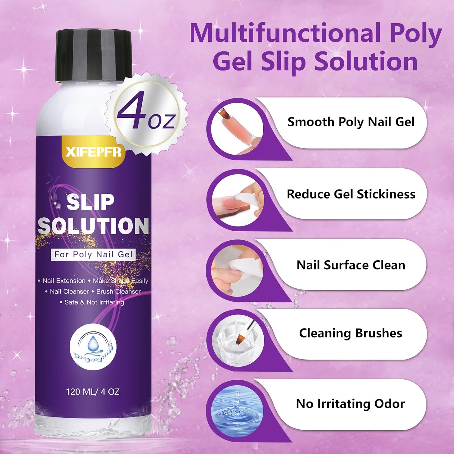 XIFEPFR Poly Gel Slip Solution, 120ml Slip Solution for Polygel Nails Anti-stick Poly Extension Gel Liquid Slip Solution Set with Dual-Ended Brush & Glass Cup Easy DIY Poly Gel Nail Art