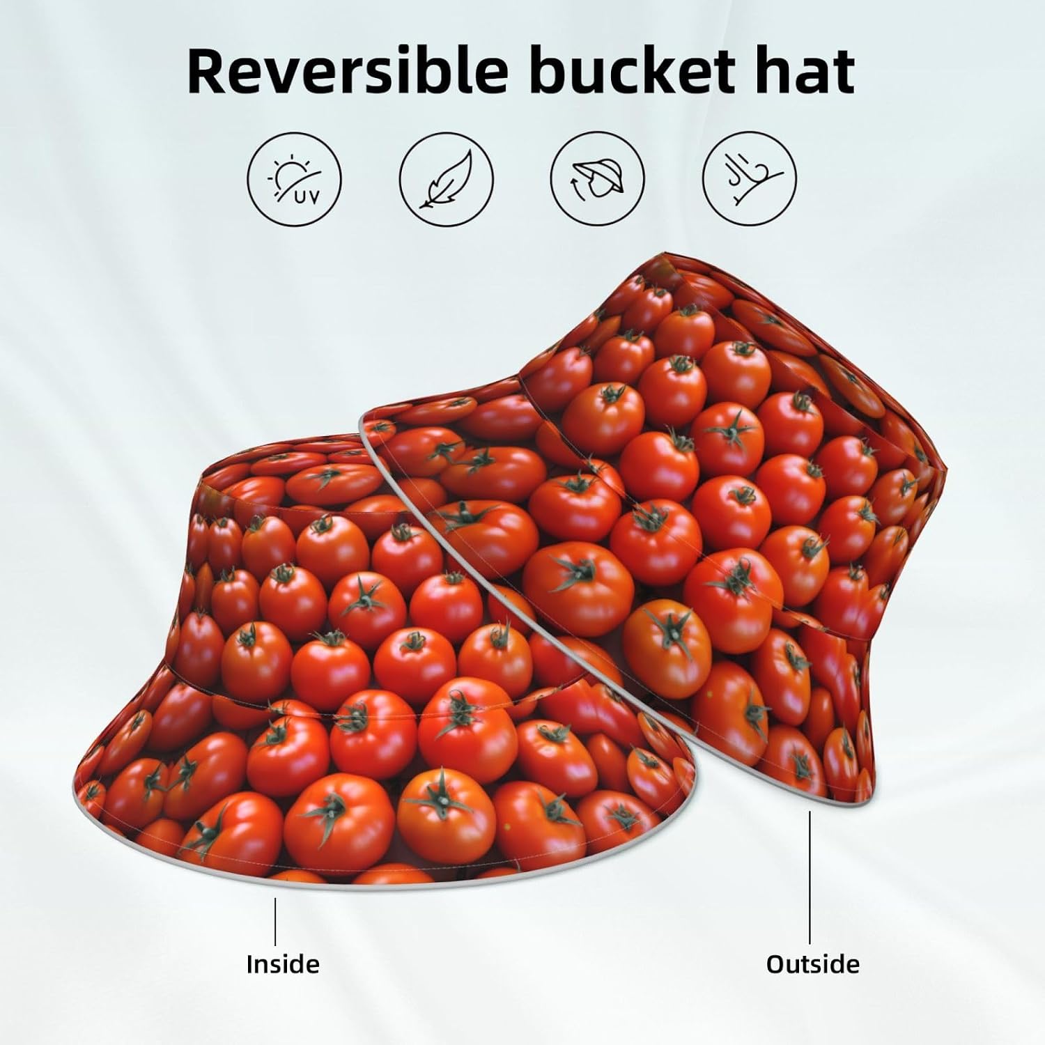 (Many Tomatoes) Reflective Reversible Bucket Hat Foldable Breathable Stylish Two-Way Wear for Outdoor Travel Daily Activities Black