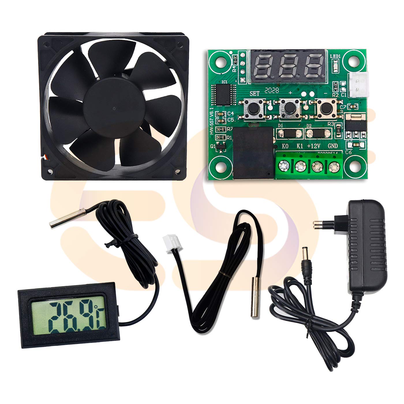 Electronic Spices Combo of W1209 50~100 digital temperature controller thermostat with 3inch fan + 12v 1amp adapter + Digital Temperature Control LCD Screen with Probe-image-45